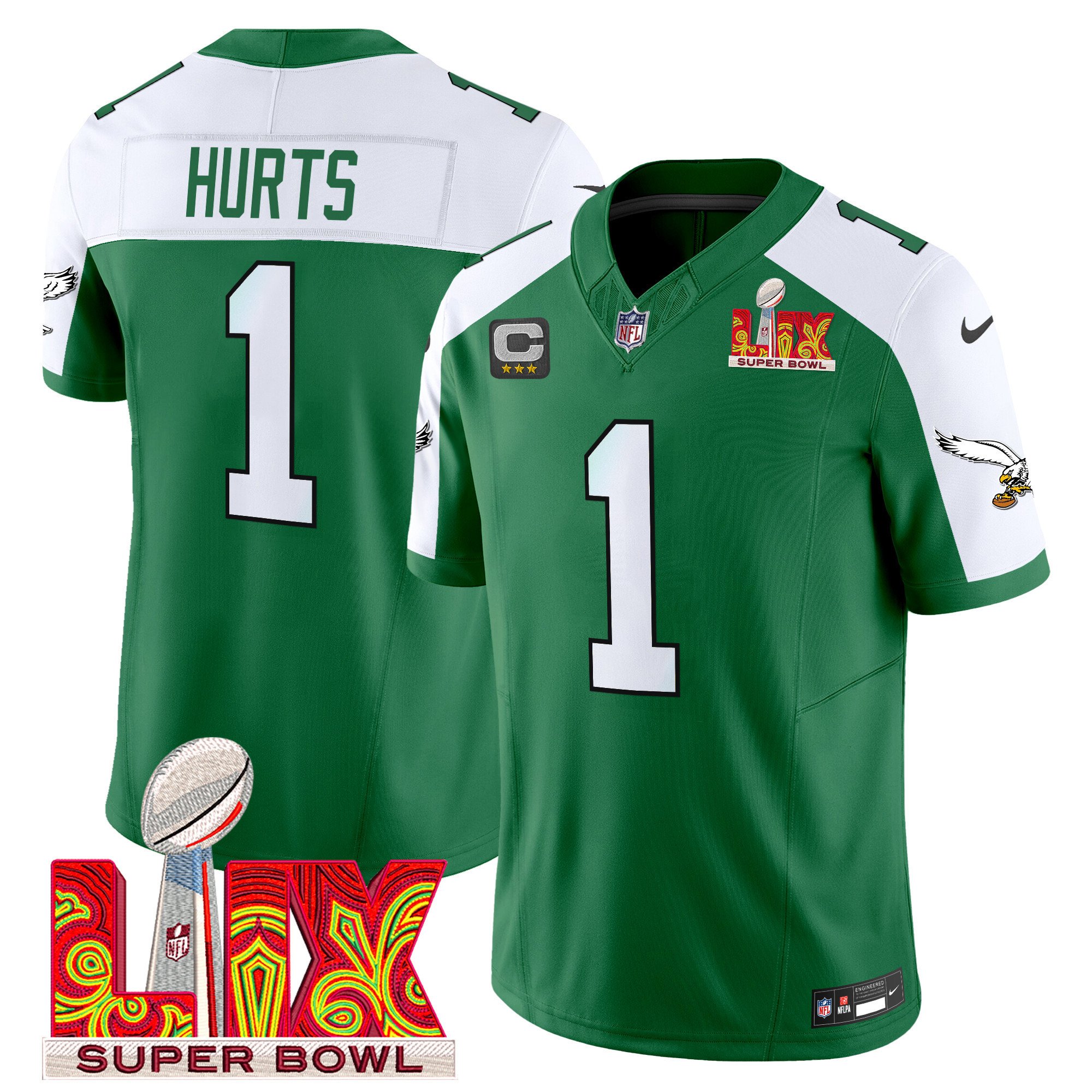 Jalen Hurts 1 Philadelphia Eagles Kelly Green Super Bowl Champions LIX Patch Vapor Limited Kelly Alternate NFL Jersey Men's