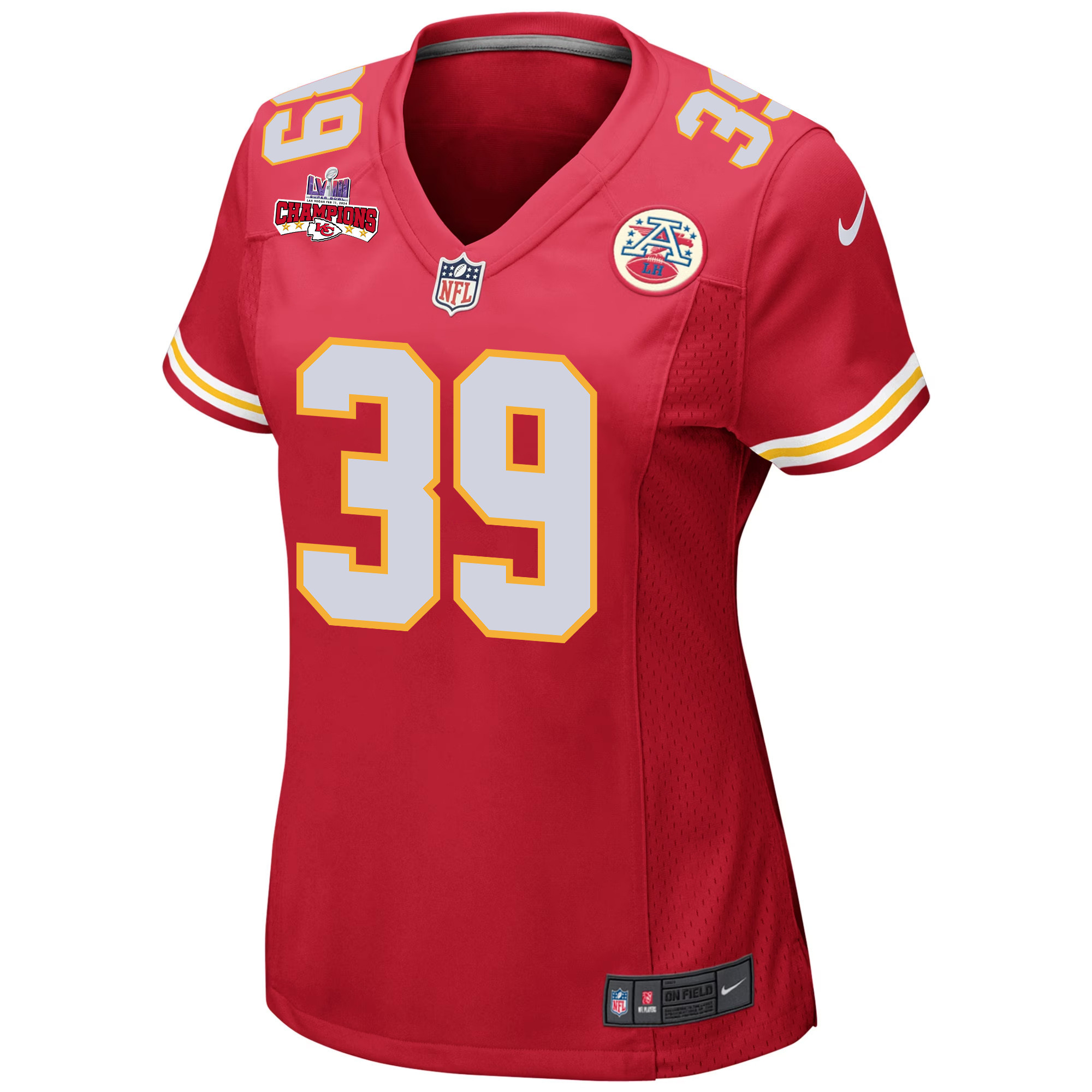 Keith Taylor 39 Kansas City Chiefs Super Bowl LVIII Champions 4 Stars Patch Game Red NFL Jersey Women's
