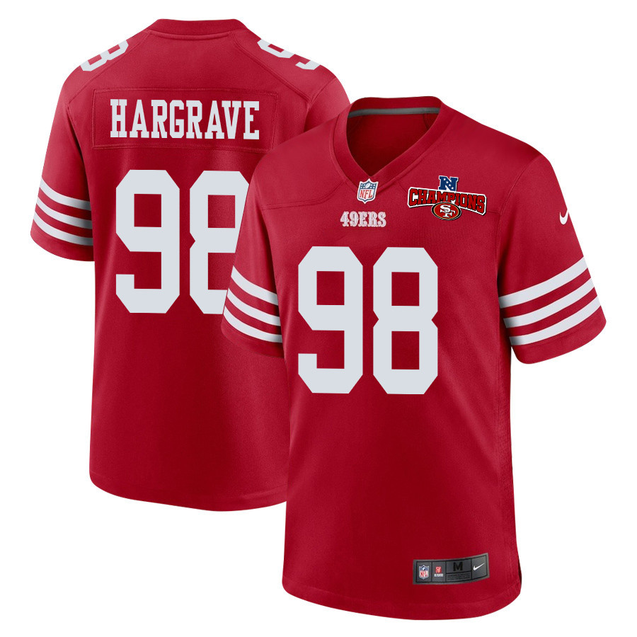 Javon Hargrave 98 San Francisco 49ers NFC Champions Patch Game Scarlet NFL Jersey Men's