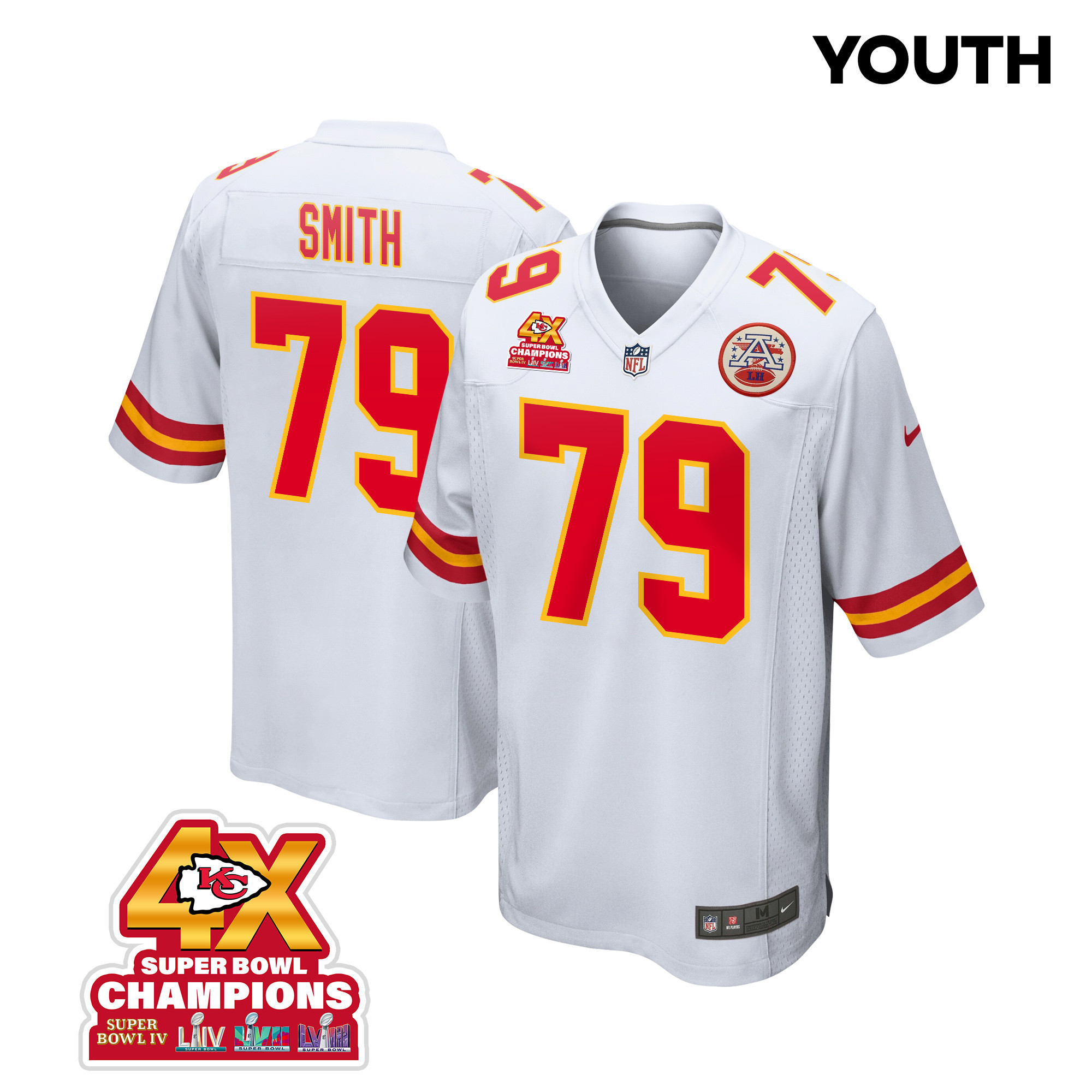 Donovan Smith 79 Kansas City Chiefs Super Bowl LVIII Champions 4X Game White NFL Jersey Youth