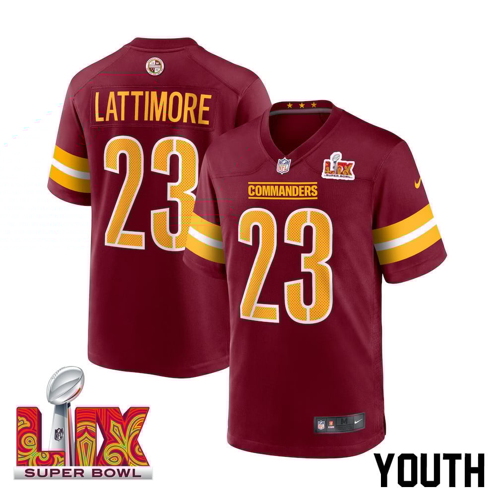 Marshon Lattimore #23 Washington Commanders Super Bowl LIX Burgundy NFL Jersey Youth
