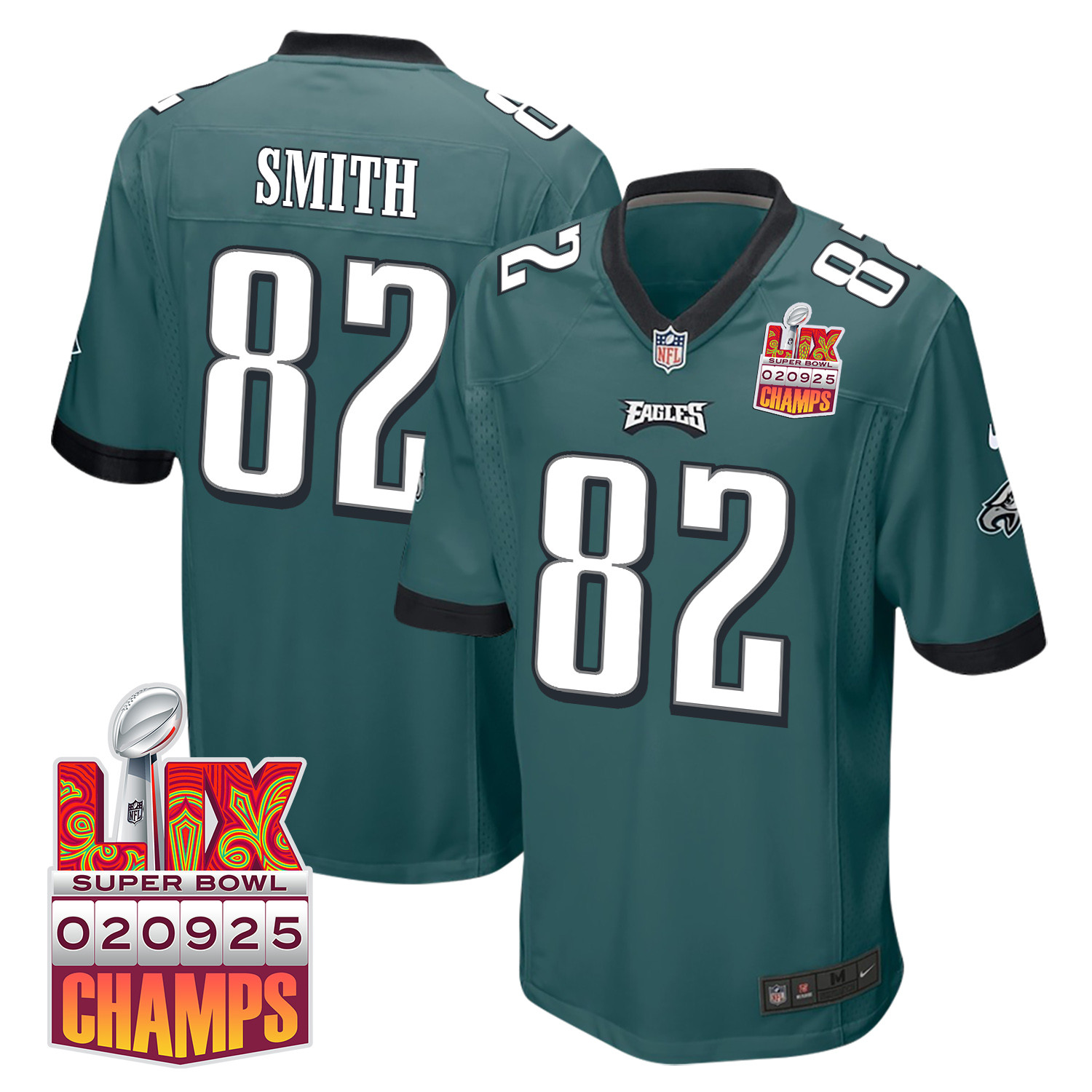Ainias Smith 82 Philadelphia Eagles Super Bowl LIX Champions Patch Game Midnight Green NFL Jersey Men's