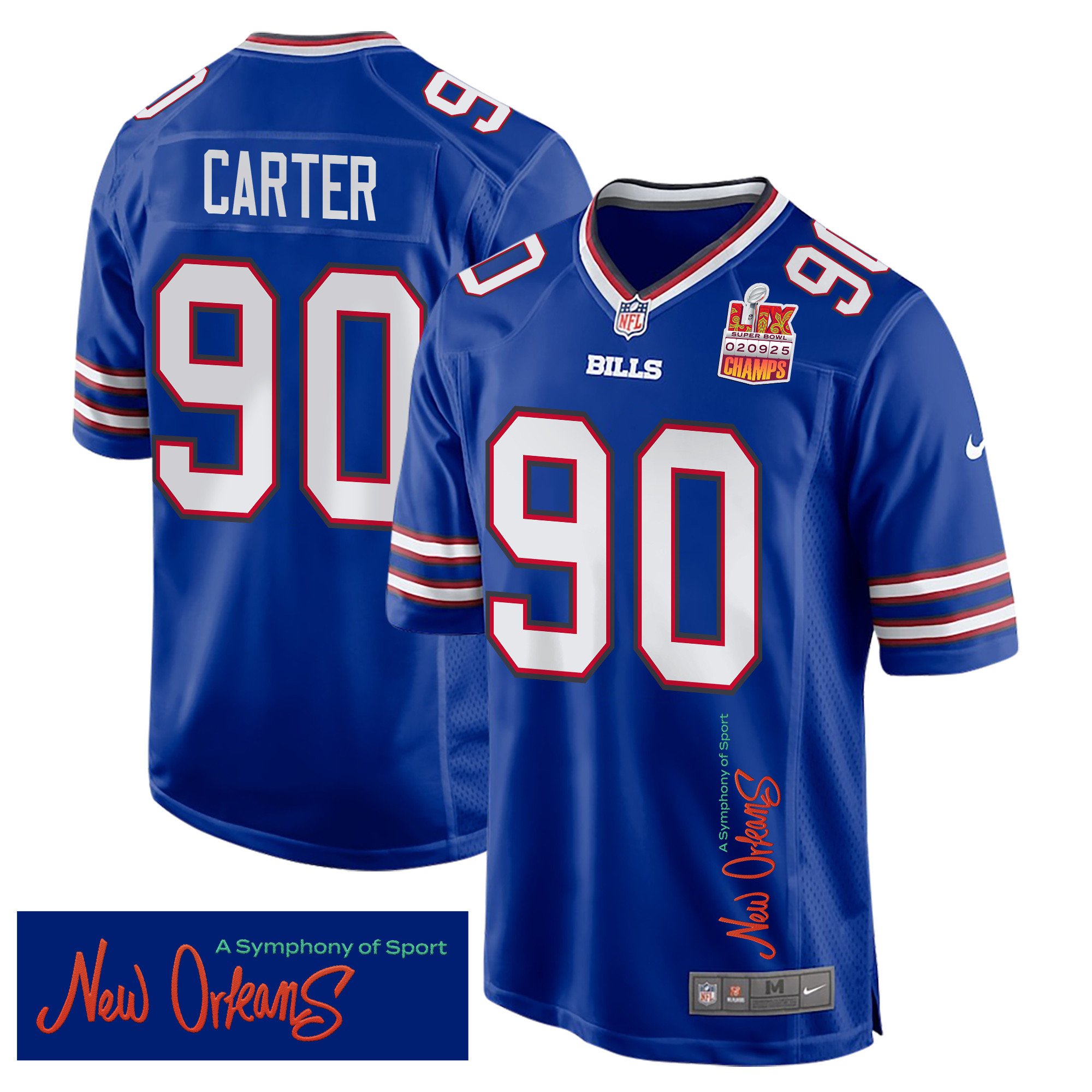 DeWayne Carter 90 Buffalo Bills Super Bowl LIX Champions Patch New Orleans A Symphony of Sport' EMBROIDERED Game Royal NFL Jersey Men's