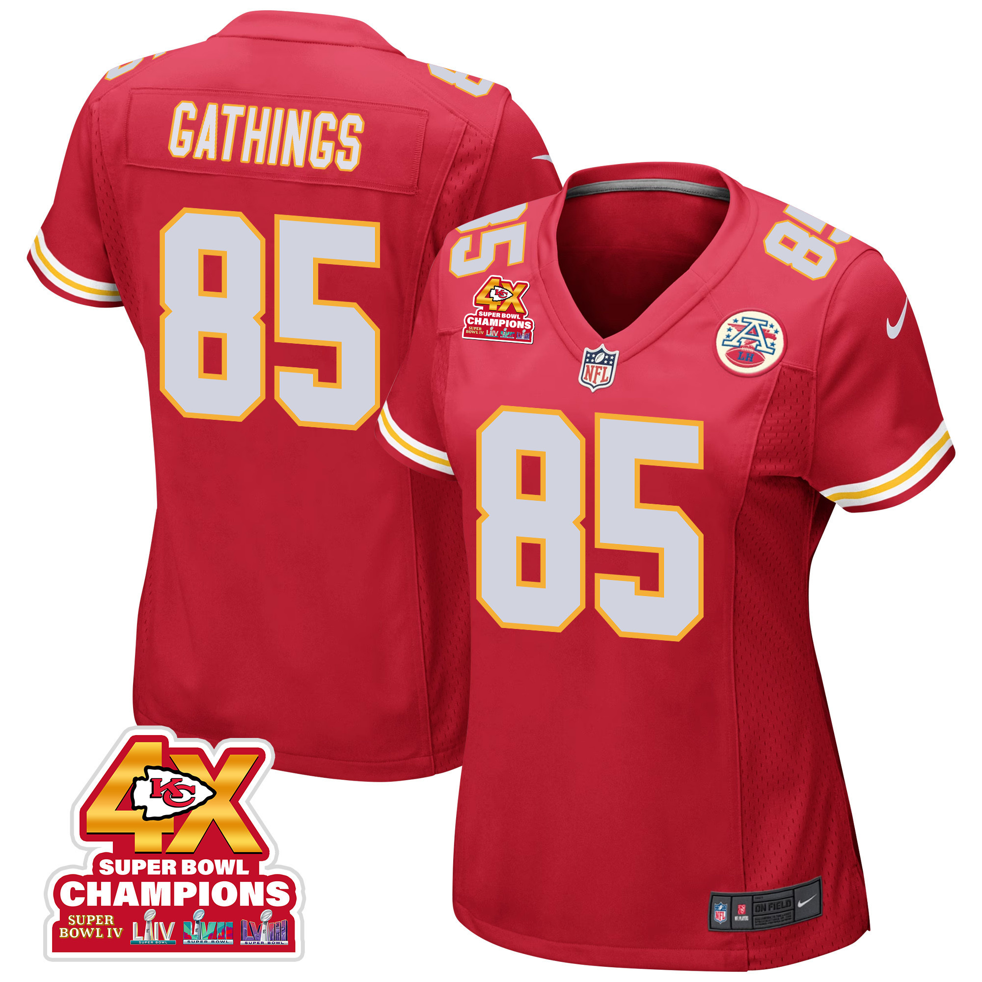 Izaiah Gathings 85 Kansas City Chiefs Super Bowl LVIII Champions 4X Game Red NFL Jersey Women's