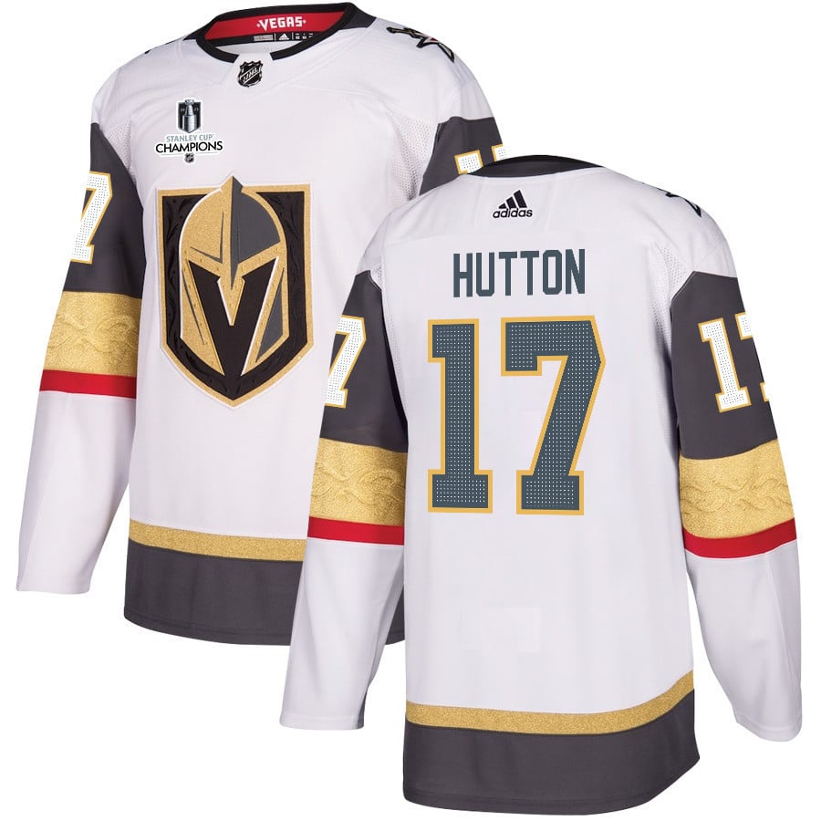 Ben Hutton 17 Vegas Golden Knights Stanley Cup 2023 Champions Patch Away Breakaway White NHL Jersey Men's