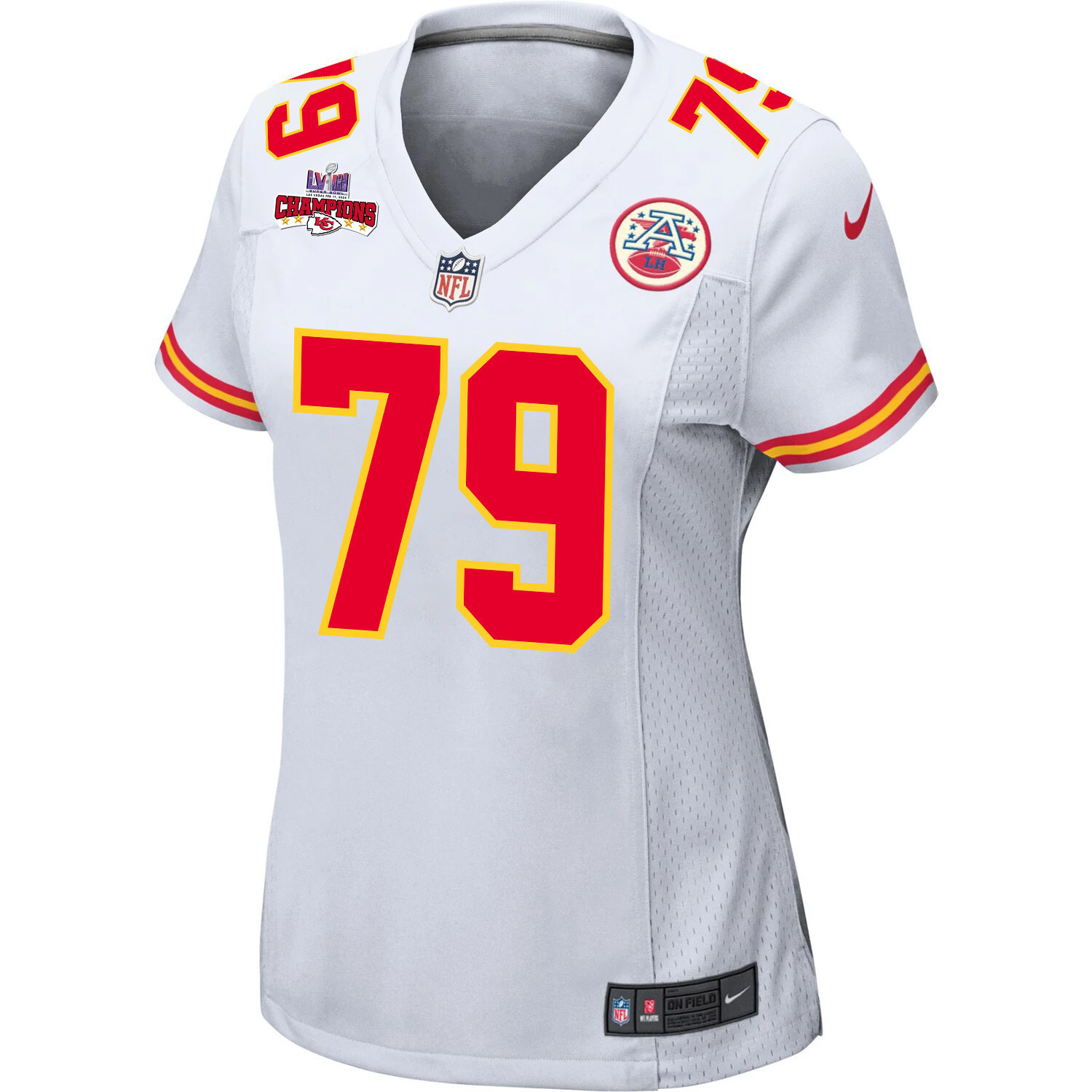 Donovan Smith 79 Kansas City Chiefs Super Bowl LVIII Champions 4 Stars Patch Game White NFL Jersey Women's