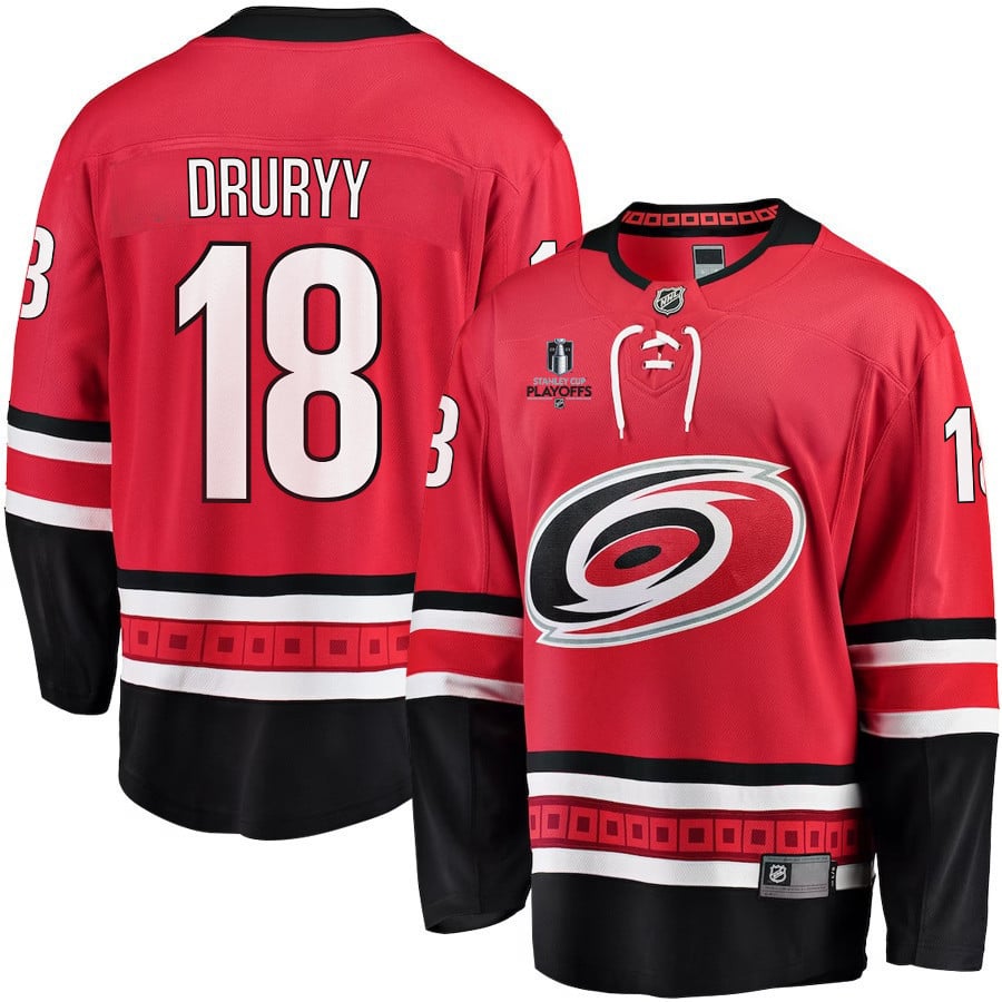 Jack Drury 18 Carolina Hurricanes Stanley Cup 2023 Playoffs Patch Home Breakaway Red NHL Jersey Men's