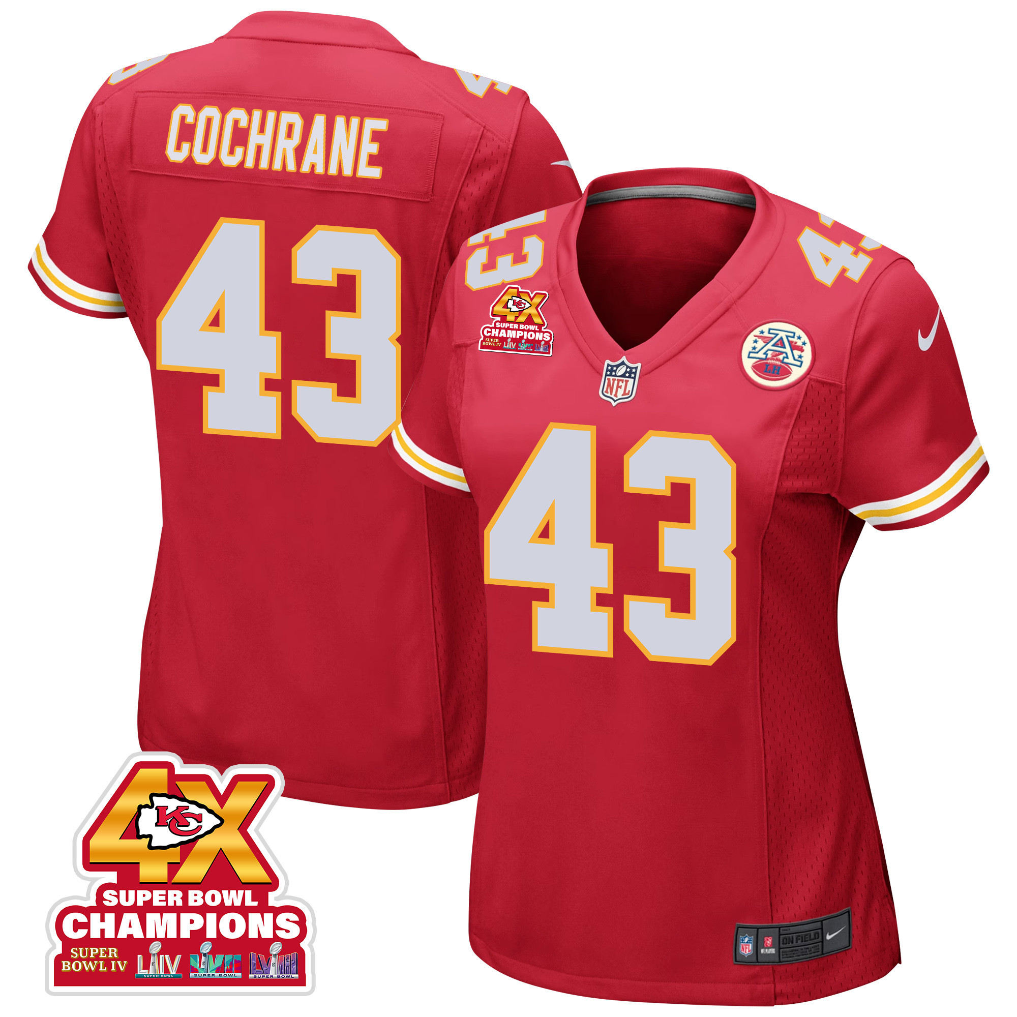Jack Cochrane 43 Kansas City Chiefs Super Bowl LVIII Champions 4X Game Red NFL Jersey Women's