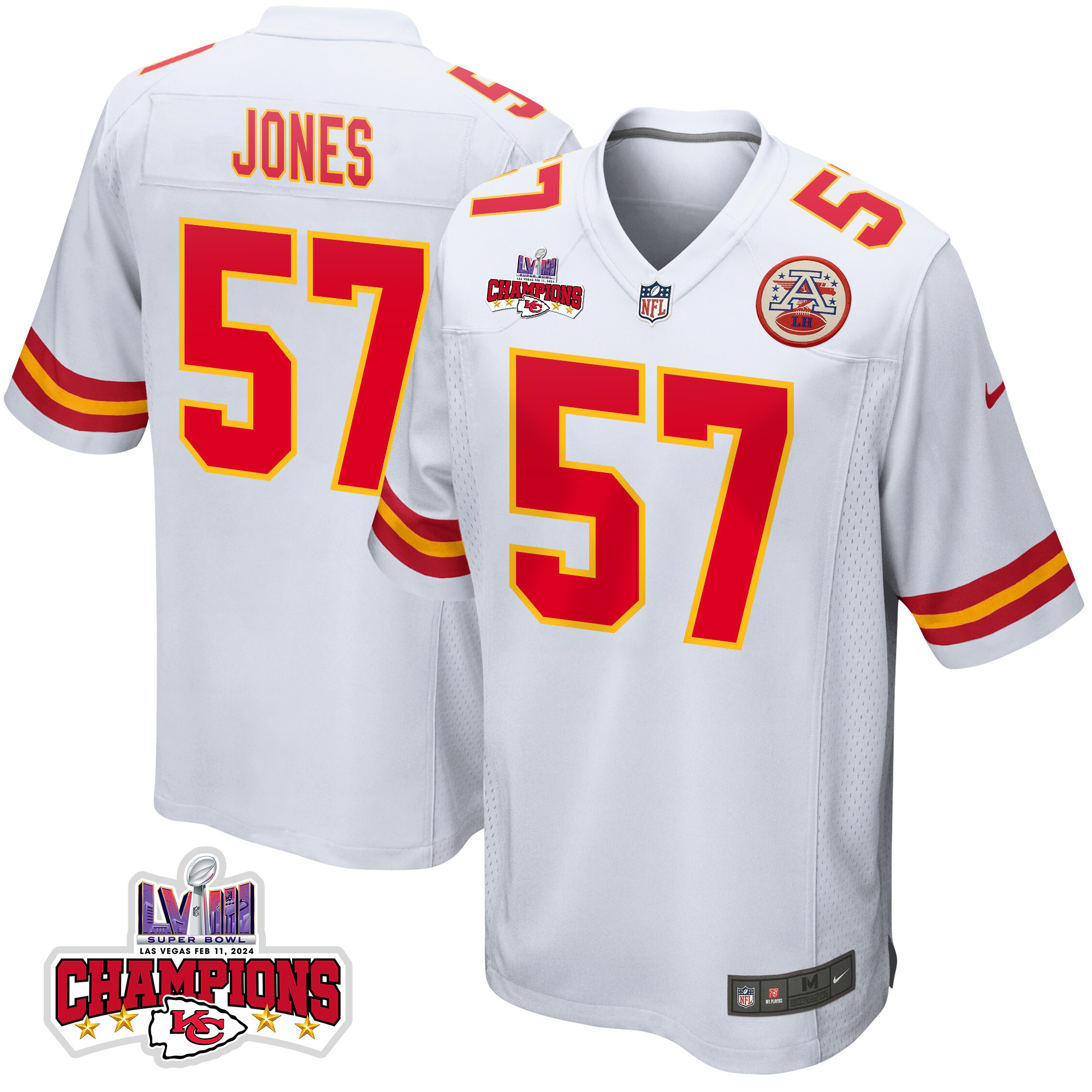 Truman Jones 57 Kansas City Chiefs Super Bowl LVIII Champions 4 Stars Patch Game White NFL Jersey Men's