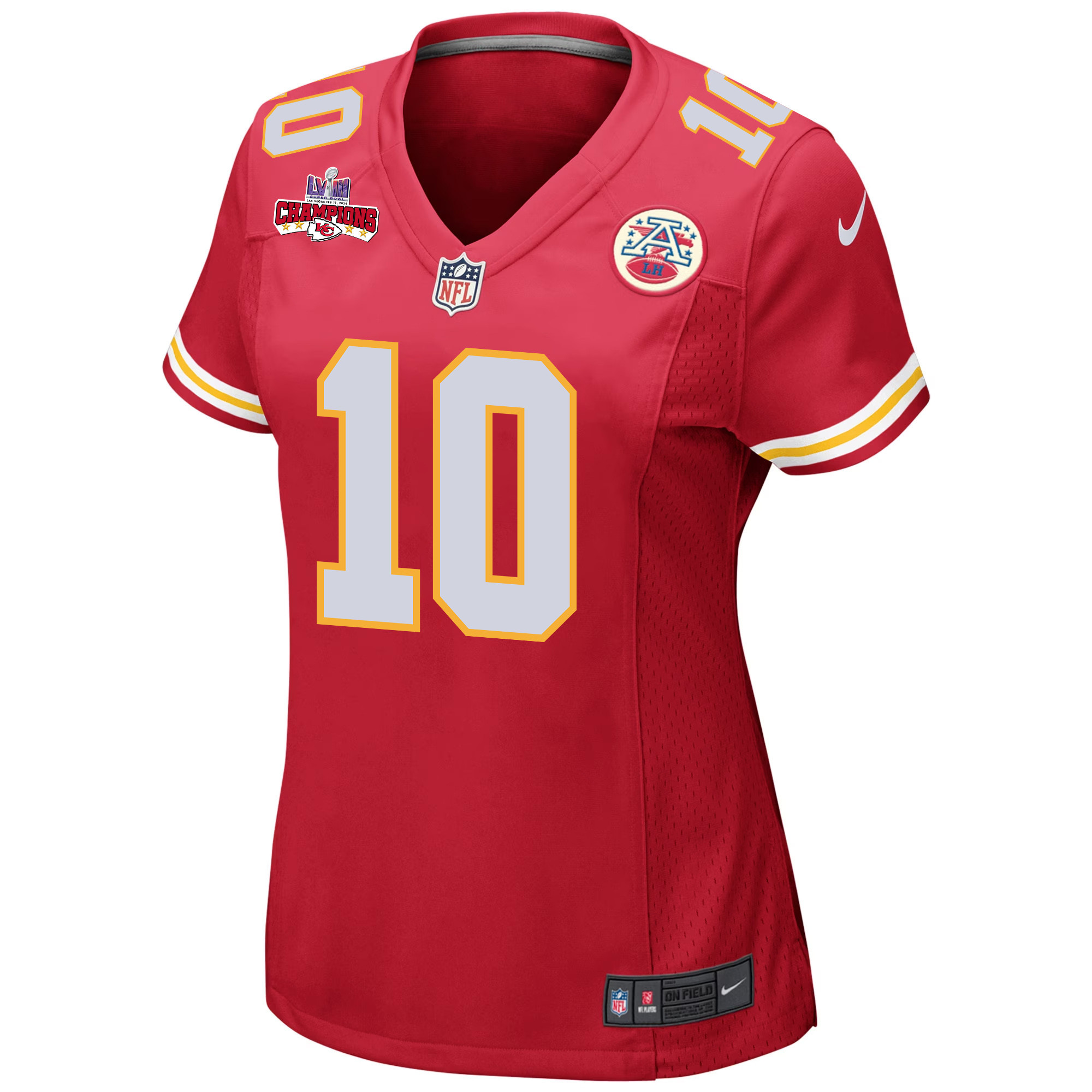 Isiah Pacheco 10 Kansas City Chiefs Super Bowl LVIII Champions 4 Stars Patch Game Red NFL Jersey Women's