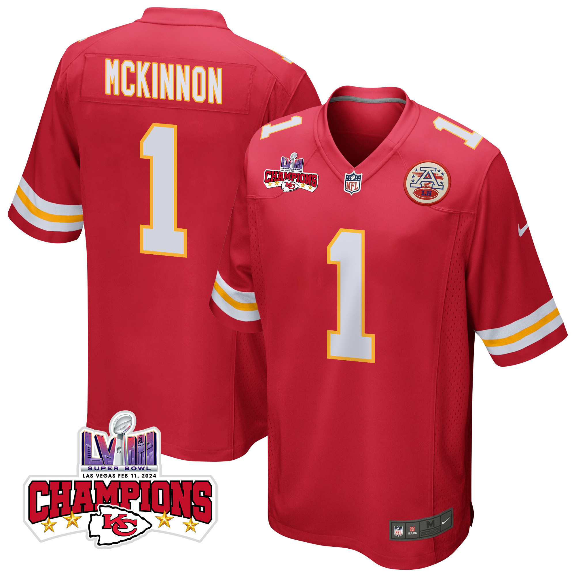 Jerick McKinnon 1 Kansas City Chiefs Super Bowl LVIII Champions 4 Stars Patch Game Red NFL Jersey Men's