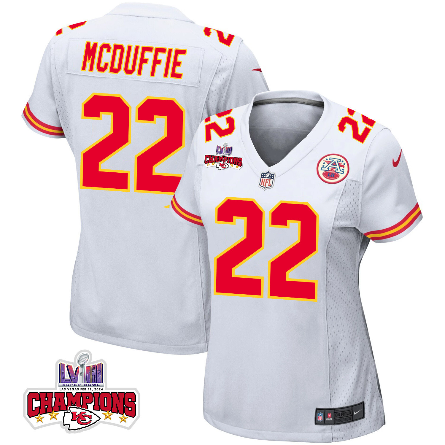 Trent McDuffie 22 Kansas City Chiefs Super Bowl LVIII Champions 4 Stars Patch Game White NFL Jersey Women's