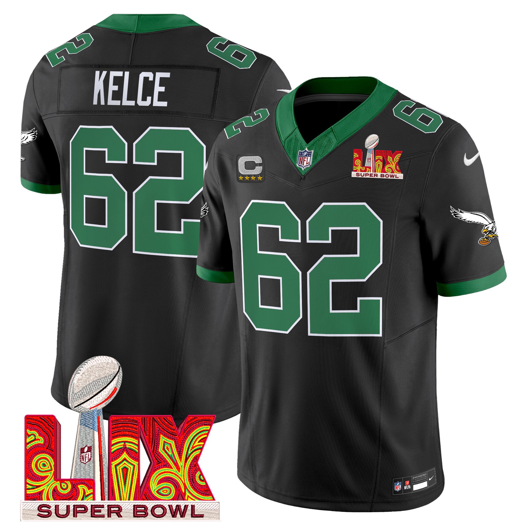 Jason Kelce 62 Philadelphia Eagles Kelly Green Super Bowl Champions LIX Patch Vapor Limited Black NFL Jersey Men's
