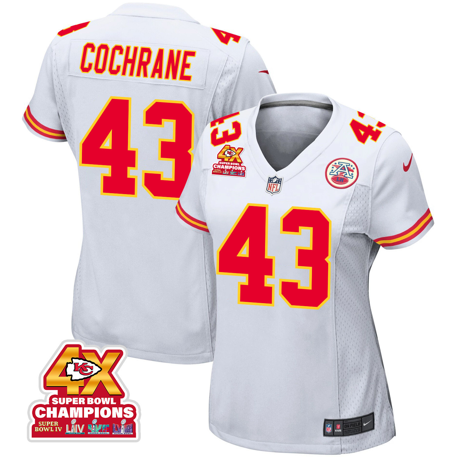 Jack Cochrane 43 Kansas City Chiefs Super Bowl LVIII Champions 4X Game White NFL Jersey Women's