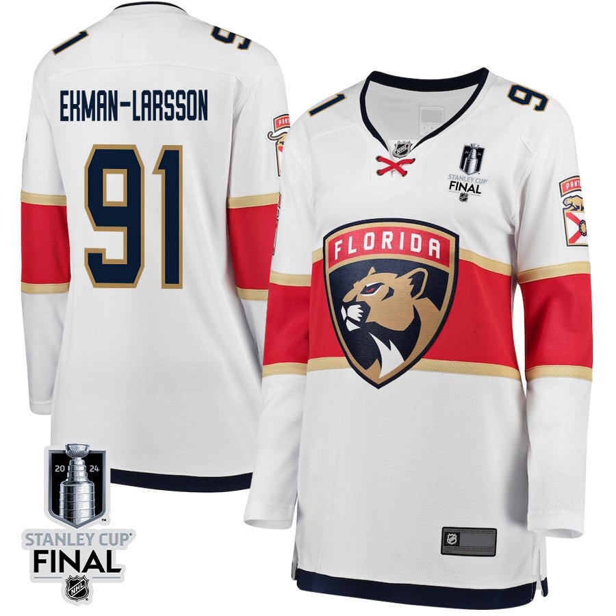 Oliver Ekman-Larsson 91 Florida Panthers 2024 STANLEY CUP Final Away Breakaway White NHL Jersey Women's