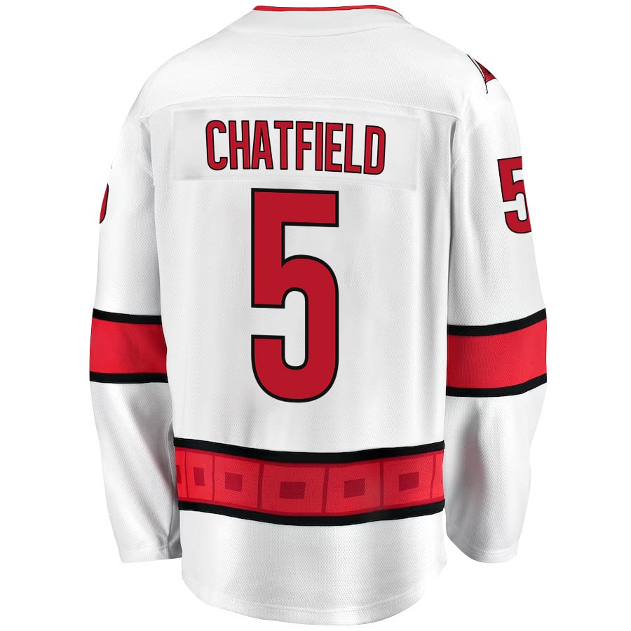 Jalen Chatfield 5 Carolina Hurricanes Stanley Cup 2023 Playoffs Patch Away Breakaway White NHL Jersey Men's