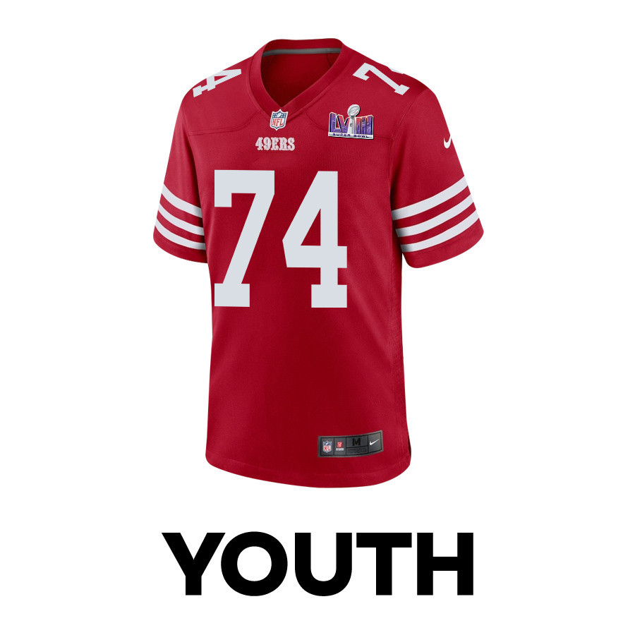 Spencer Burford 74 San Francisco 49ers Super Bowl LVIII Patch Game Scarlet NFL Jersey Youth