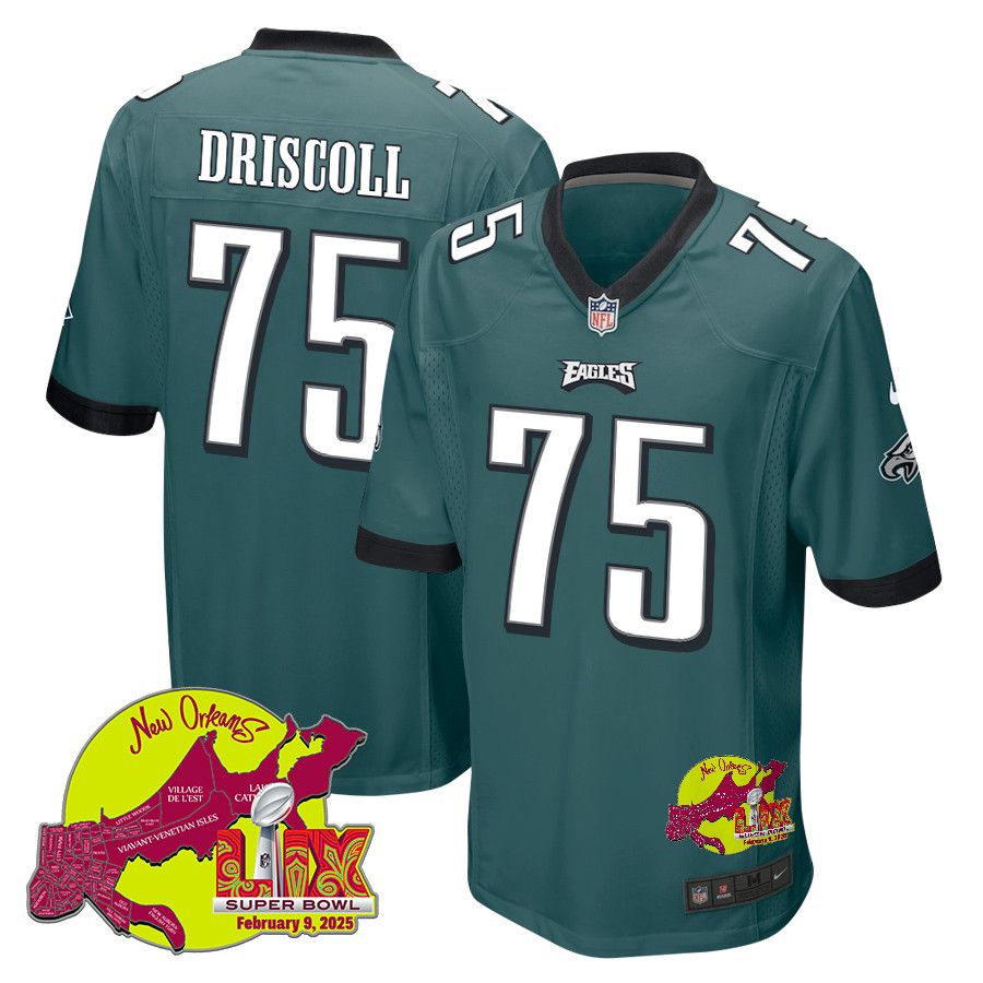 Jack Driscoll 75 Philadelphia Eagles Super Bowl LIX New Orleans Patch Game Midnight Green NFL Jersey Men's
