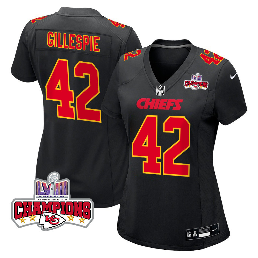 Tyree Gillespie 42 Kansas City Chiefs Super Bowl LVIII Champions 4 Stars Patch Fashion Game Carbon Black NFL Jersey Women's