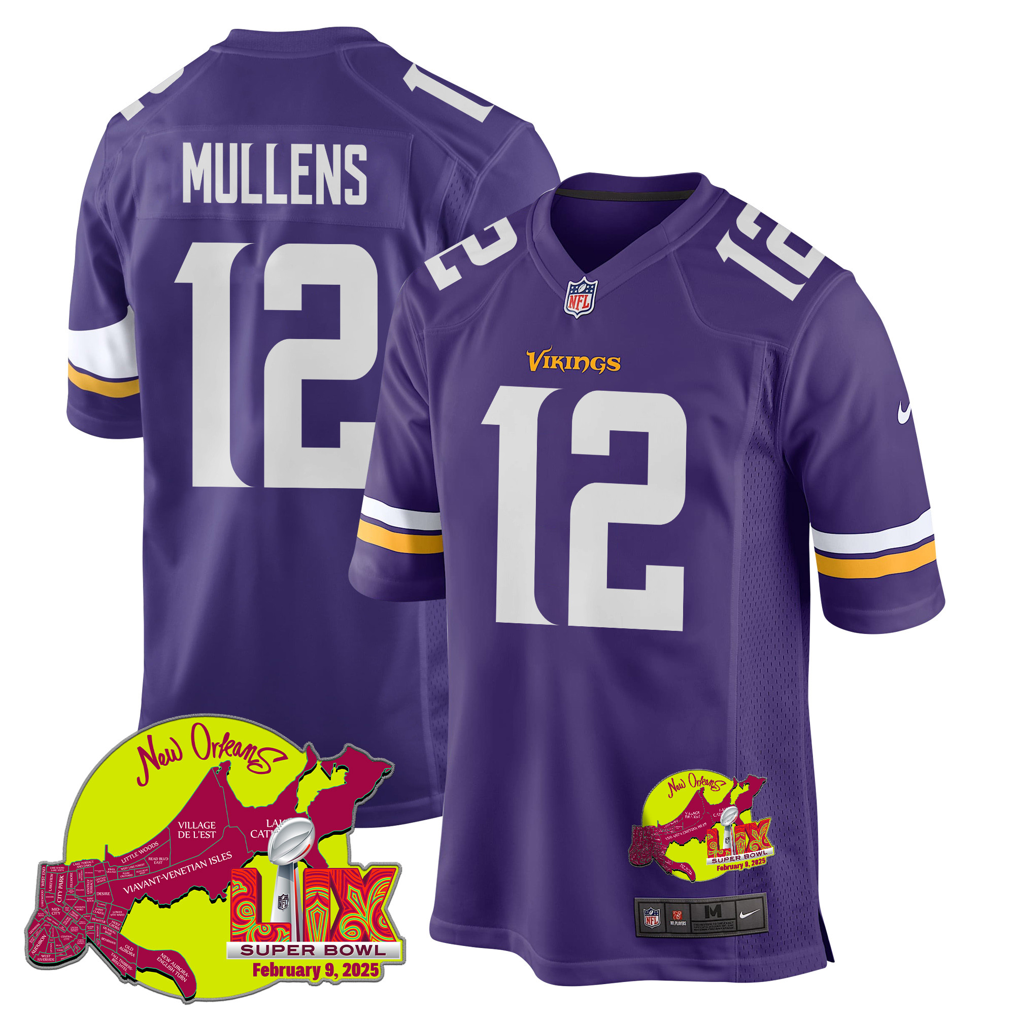 Nick Mullens 12 Minnesota Vikings Super Bowl LIX New Orleans Patch Game Purple NFL Jersey Men's