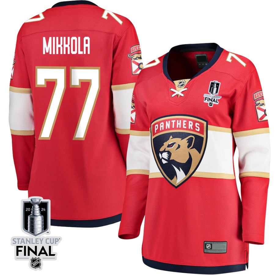 Niko Mikkola 77 Florida Panthers 2024 STANLEY CUP Final Home Breakaway Red NHL Jersey Women's