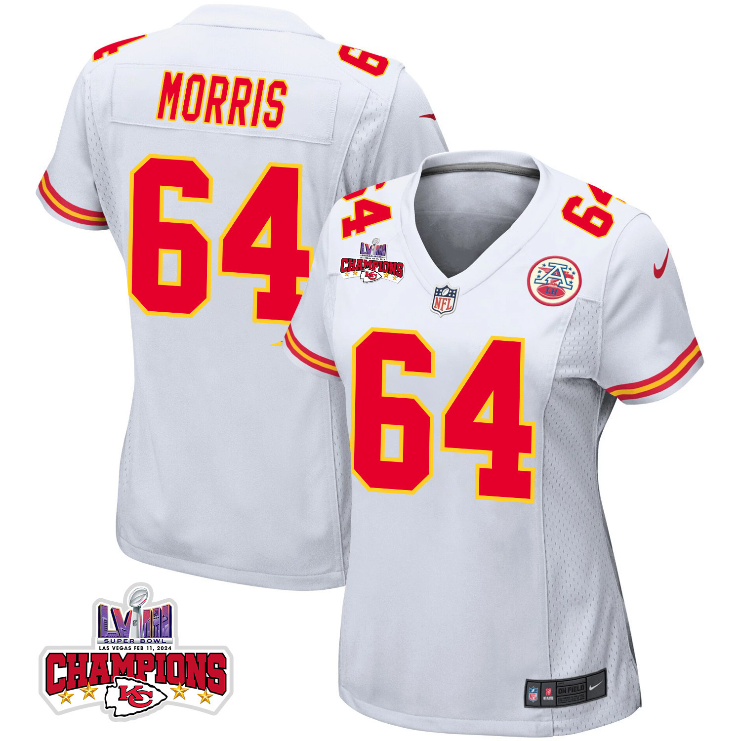 Wanya Morris 64 Kansas City Chiefs Super Bowl LVIII Champions 4 Stars Patch Game White NFL Jersey Women's