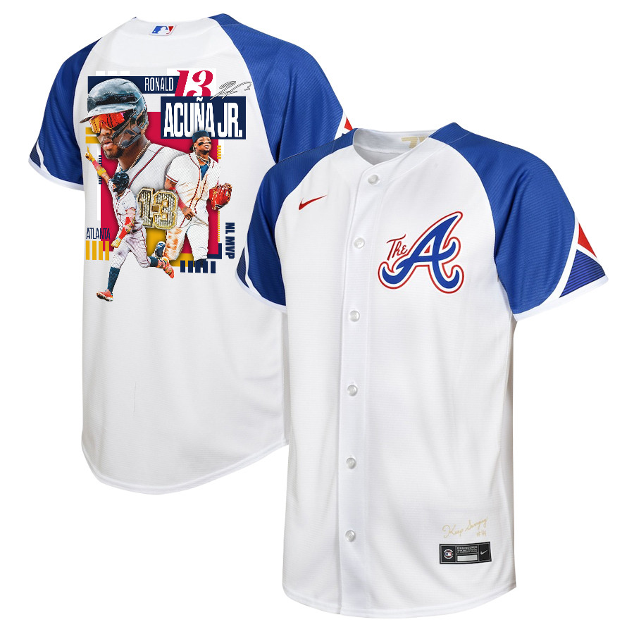 Ronald Acu?a Jr. 13 Atlanta Braves Signed MVP 2023 City Connect Player White Blue MLB Jersey Youth