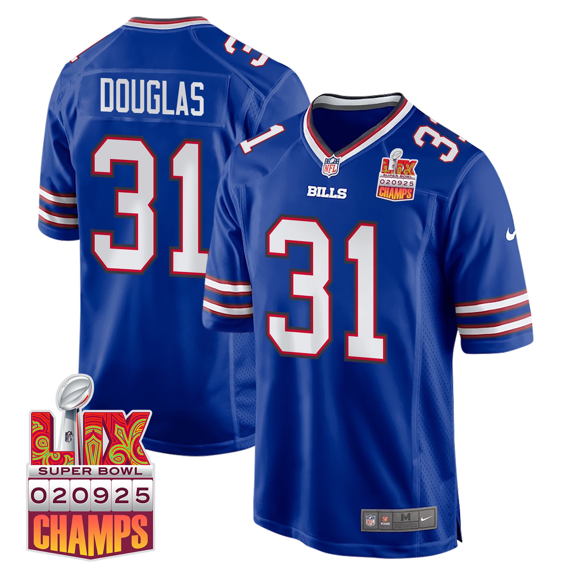 Rasul Douglas 31 Buffalo Bills Super Bowl LIX Champions Patch Game Royal NFL Jersey Men's