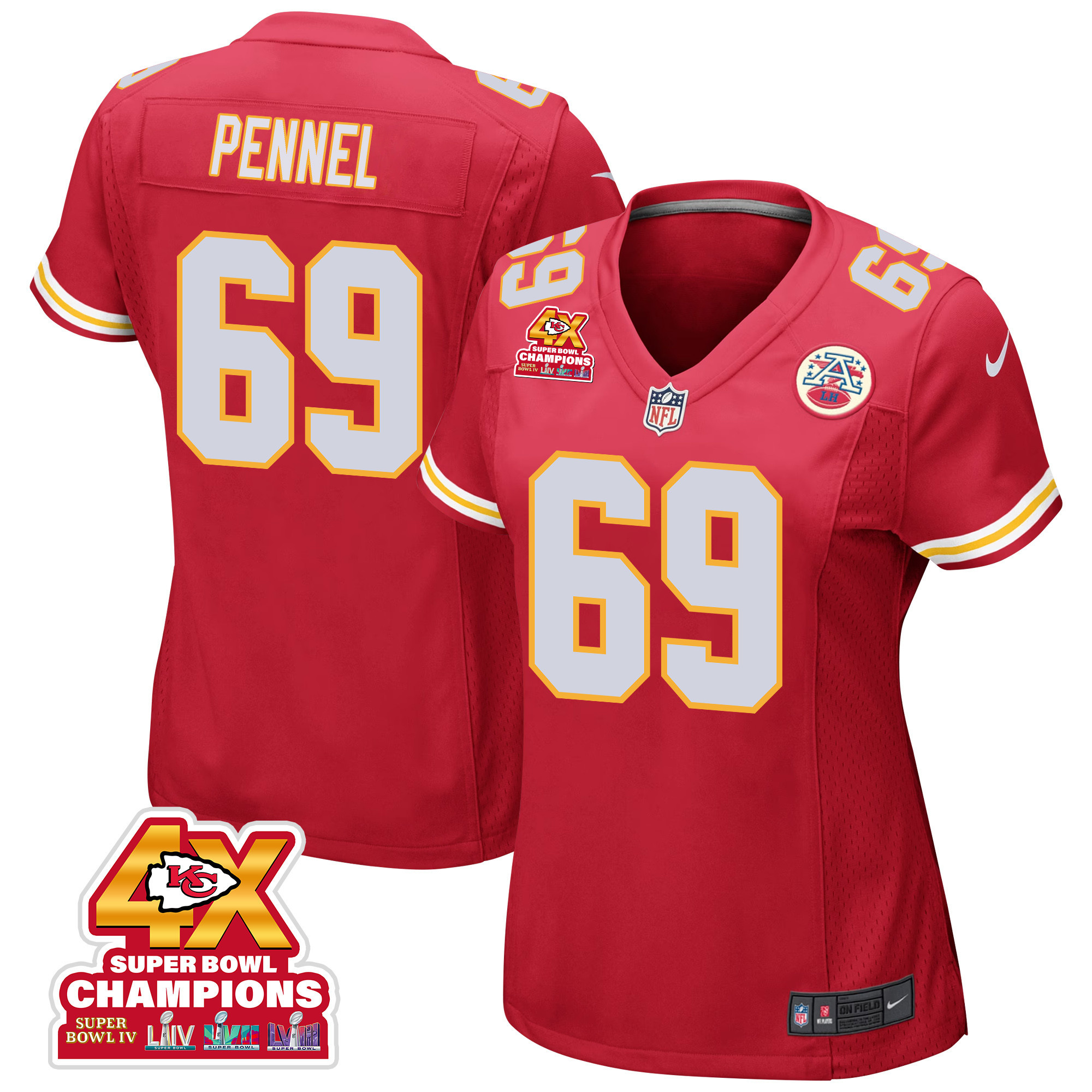 Mike Pennel 69 Kansas City Chiefs Super Bowl LVIII Champions 4X Game Red NFL Jersey Women's