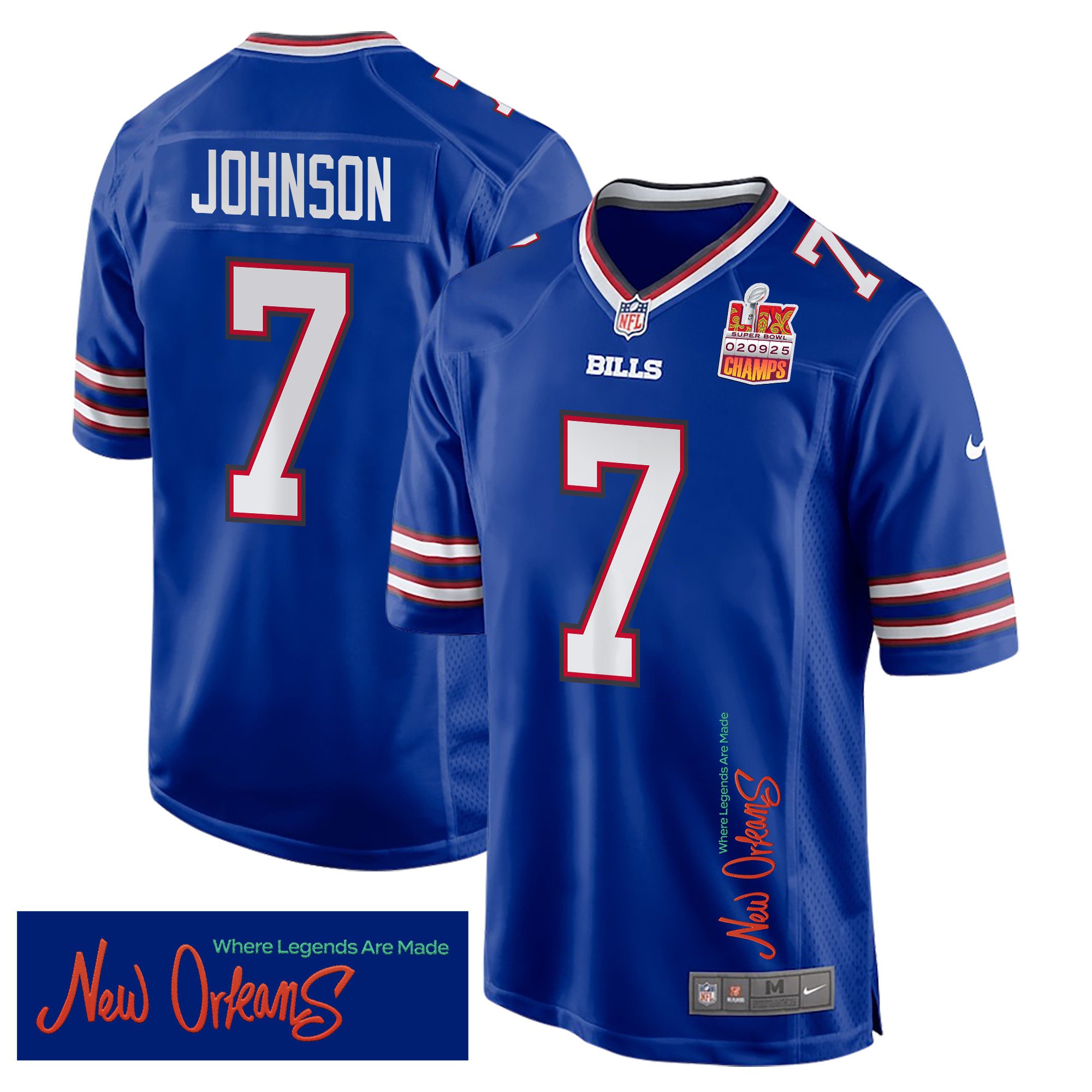Taron Johnson 7 Buffalo Bills Super Bowl LIX Champions Patch New Orleans Where Legends Are Made' EMBROIDERED Game Royal NFL Jersey Men's