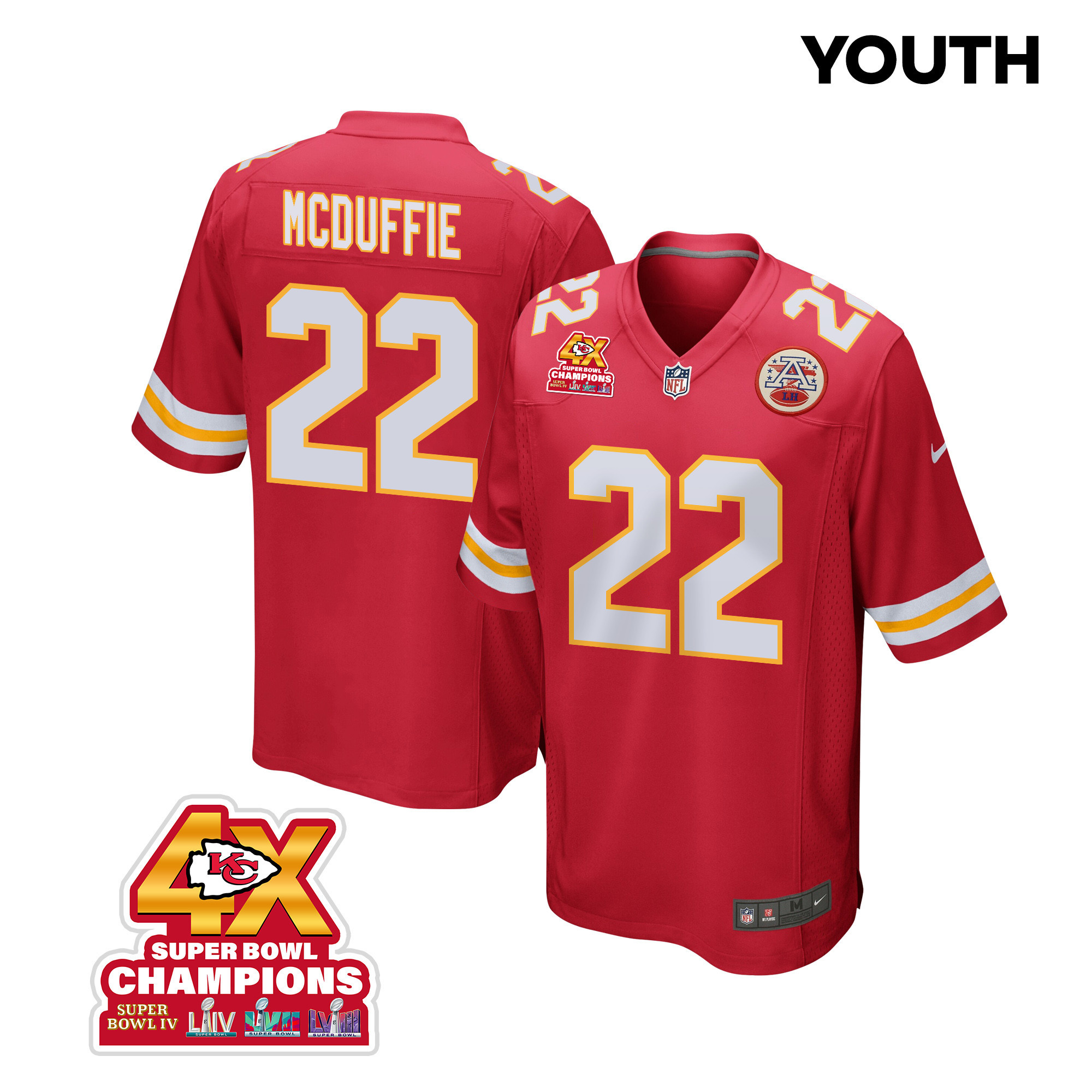 Trent McDuffie 22 Kansas City Chiefs Super Bowl LVIII Champions 4X Game Red NFL Jersey Youth