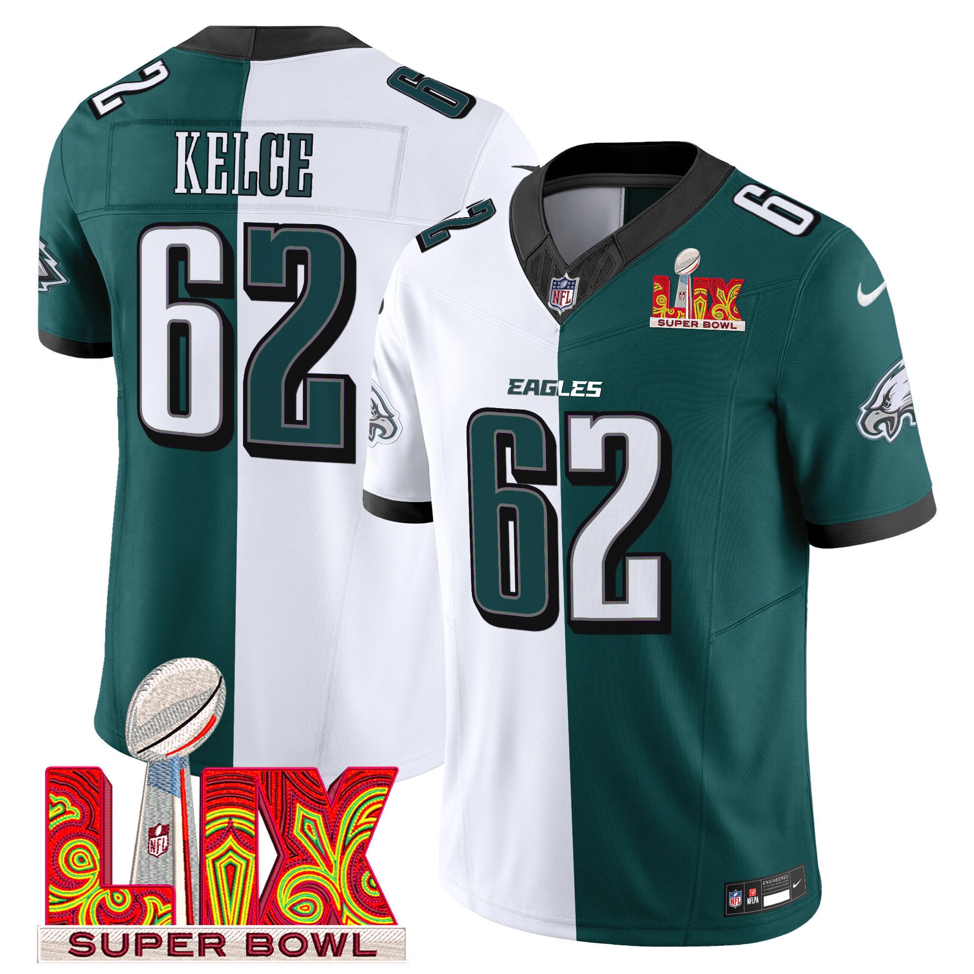 Jason Kelce 62 Philadelphia Eagles Super Bowl Champions LIX Patch Vapor Limited Split NFL Jersey Men's