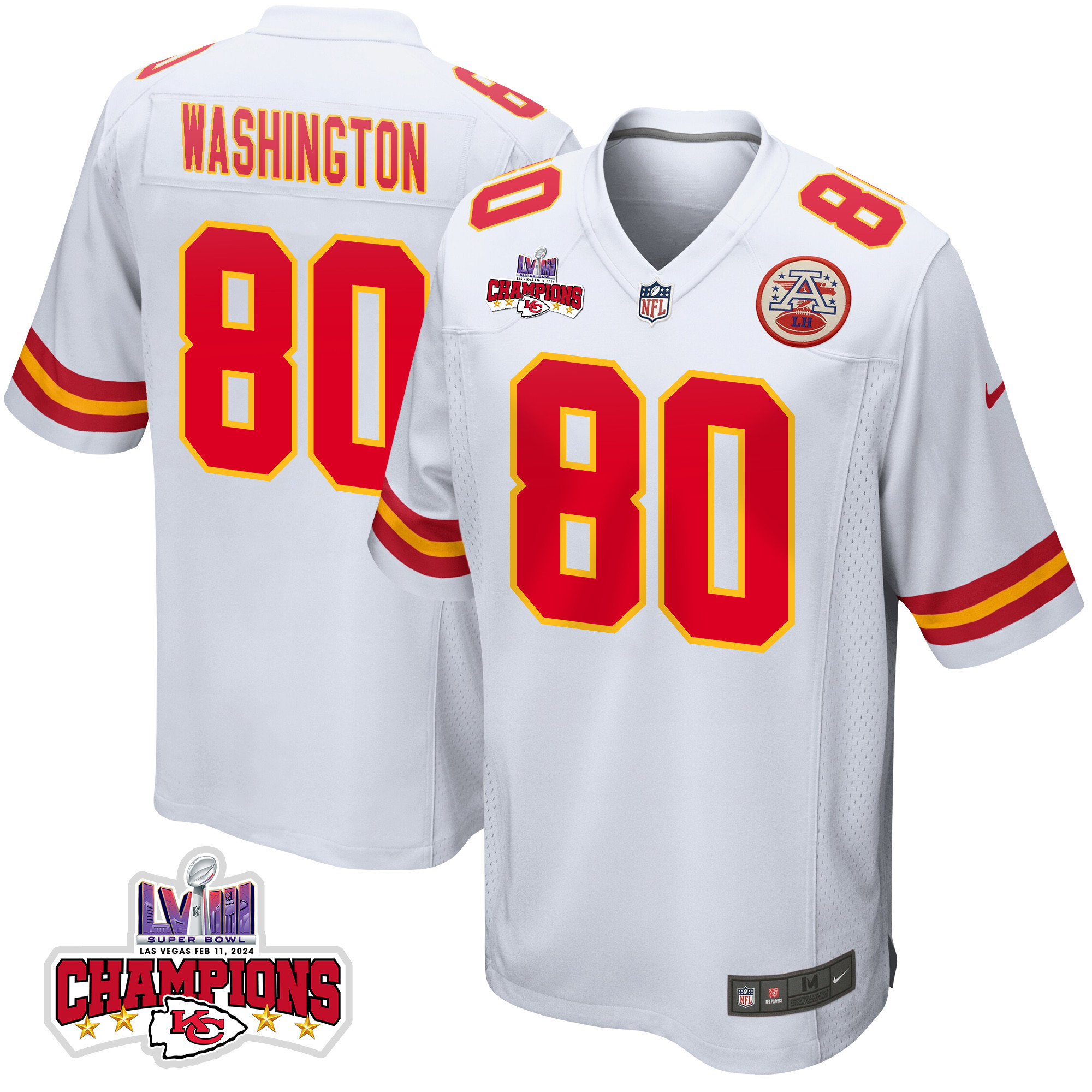 Montrell Washington 80 Kansas City Chiefs Super Bowl LVIII Champions 4 Stars Patch Game White NFL Jersey Men's