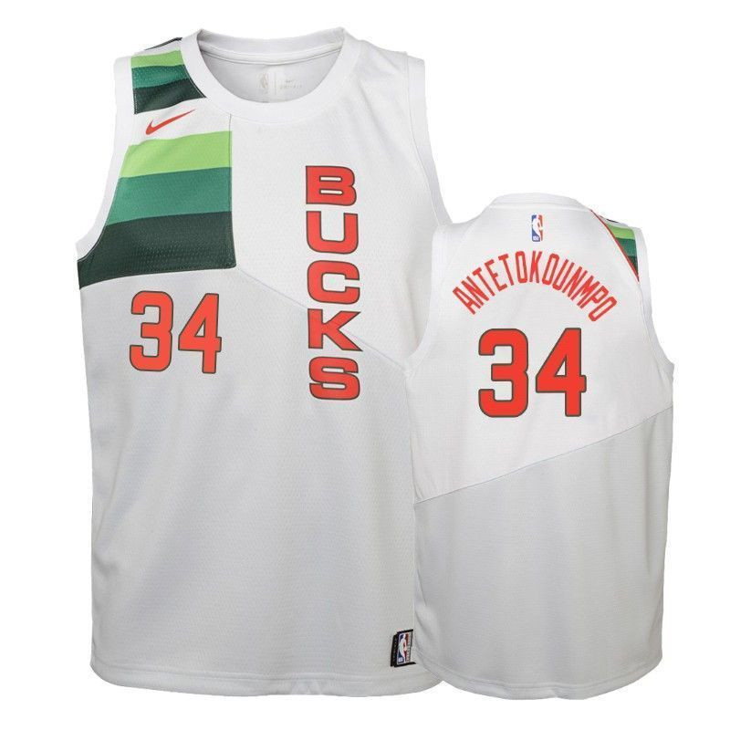 Bucks Giannis Antetokounmpo 34 2018-19 Earne White NBA Jersey Youth