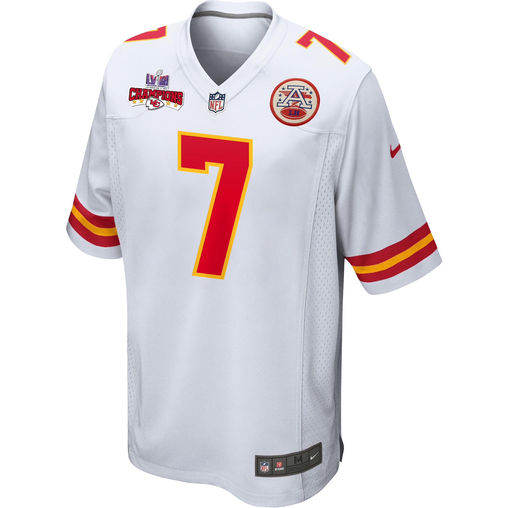 Harrison Butker 7 Kansas City Chiefs Super Bowl LVIII Champions 4 Stars Patch Game White NFL Jersey Men's