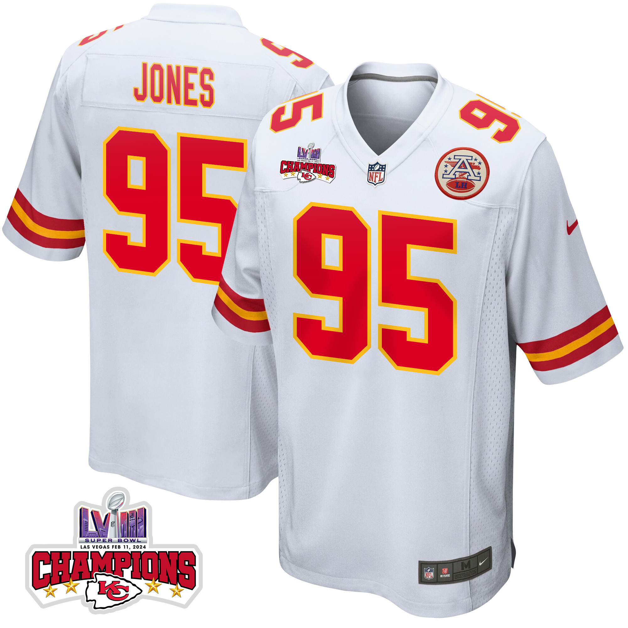 Chris Jones 95 Kansas City Chiefs Super Bowl LVIII Champions 4 Stars Patch Game White NFL Jersey Men's