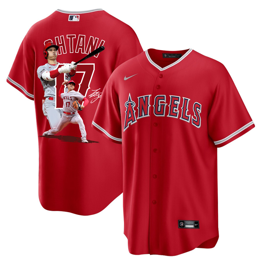 Shohei Ohtani 17 Los Angeles Angels Signed Decisive Blow 2023 Alternate Red MLB Jersey Men's