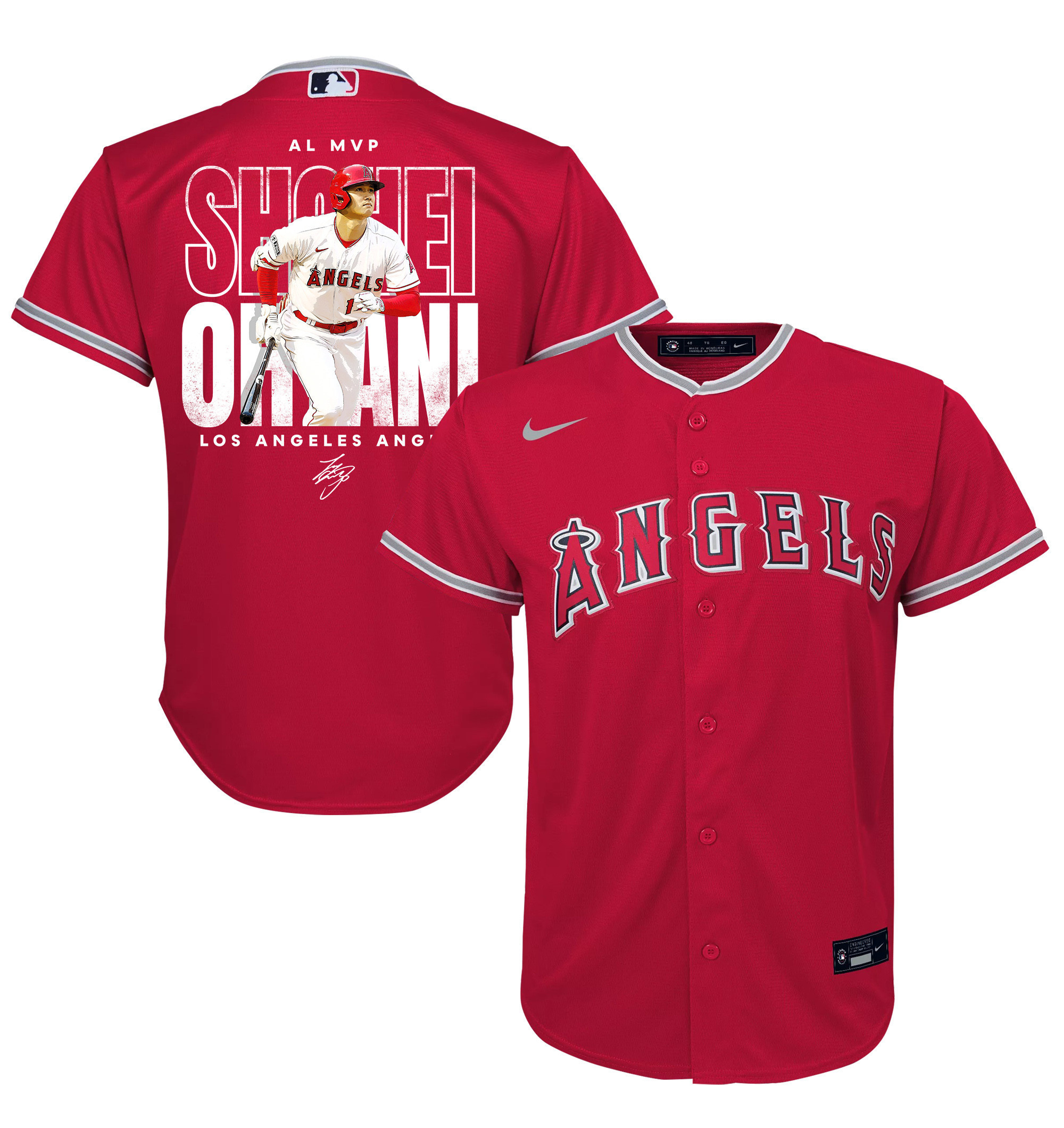 Shohei Ohtani 17 Los Angeles Angels Signed Name 2023 Alternate Player Red MLB Jersey Youth