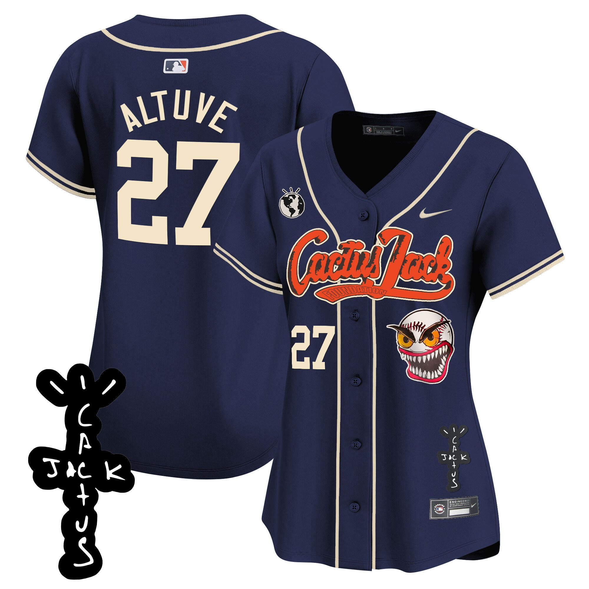 Jose Altuve 27 Houston Astros Cactus Jack Patch V2 Navy MLB Jersey Women's
