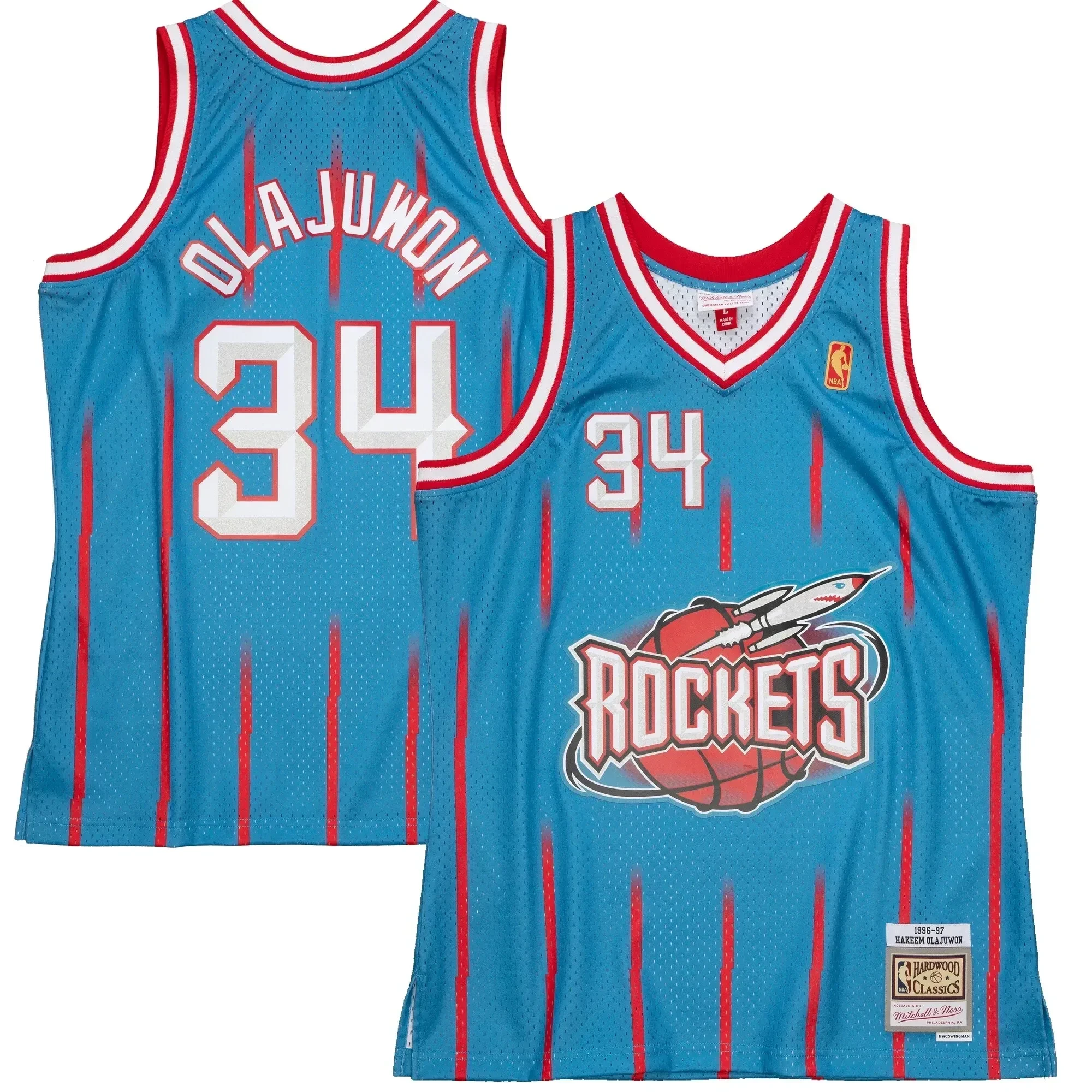 Hakeem Olajuwon Houston Rockets Mitchell Ness 1996-97 Hardwood Classics Reload 2.0 Swingman Light Blue NBA Jersey Men's