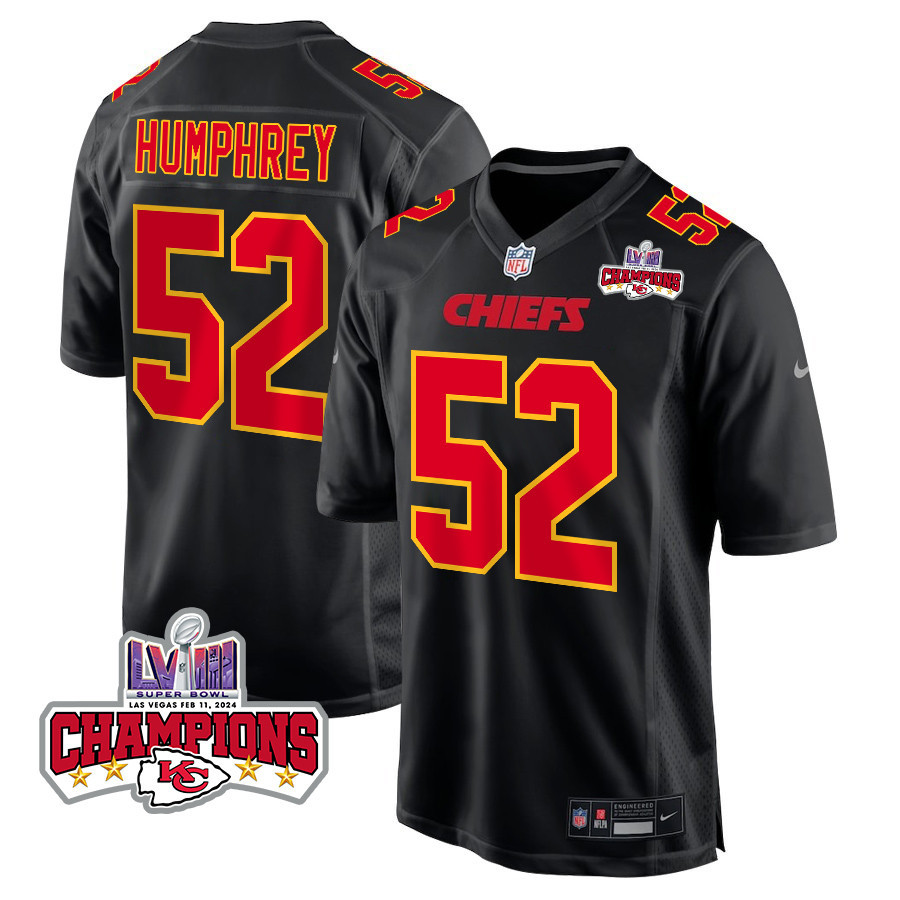 Creed Humphrey 52 Kansas City Chiefs Super Bowl LVIII Champions 4 Stars Patch Fashion Game Carbon Black NFL Jersey Men's