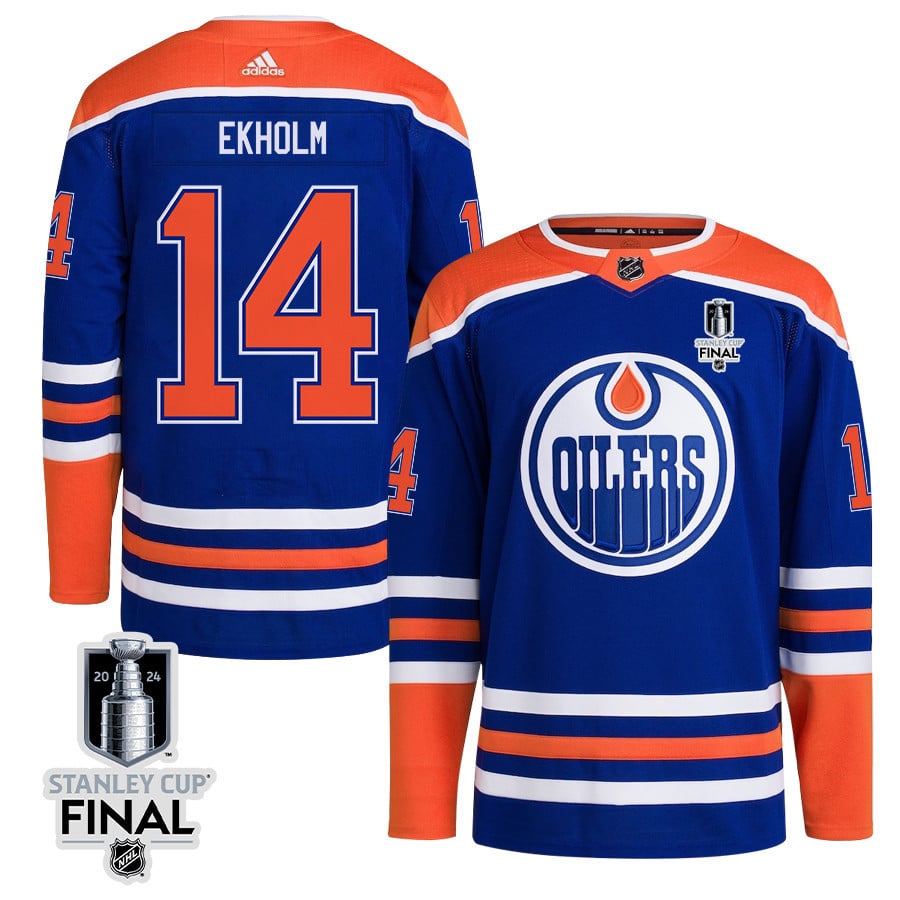 Mattias Ekholm 14 Edmonton Oilers 2024 STANLEY CUP Final Home Primegreen Royal NHL Jersey Men's