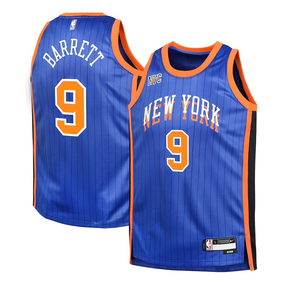 RJ Barrett 9 New York Knicks 2023/24 City Edition Swingma Blue NBA Jersey Youth
