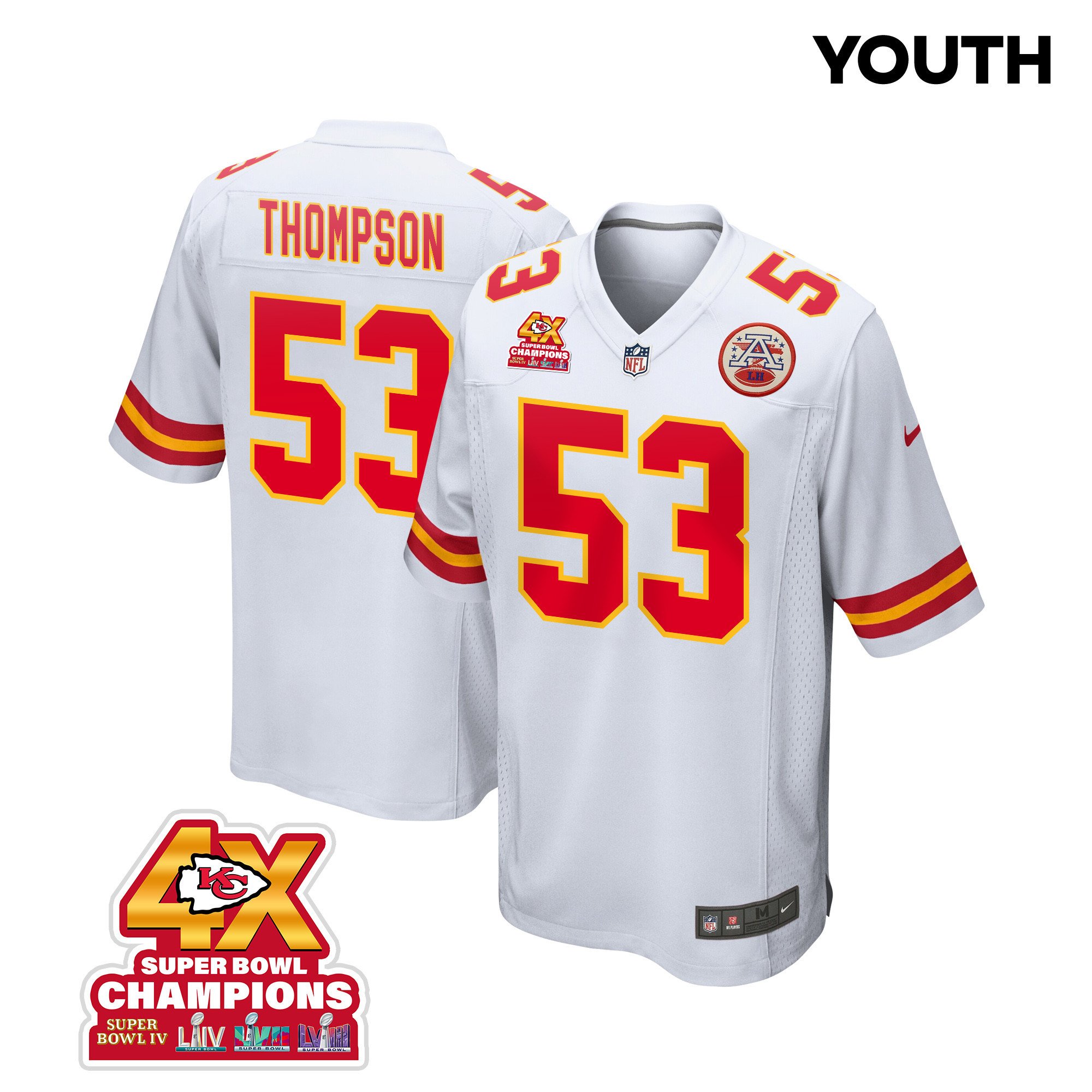 BJ Thompson 53 Kansas City Chiefs Super Bowl LVIII Champions 4X Game White NFL Jersey Youth