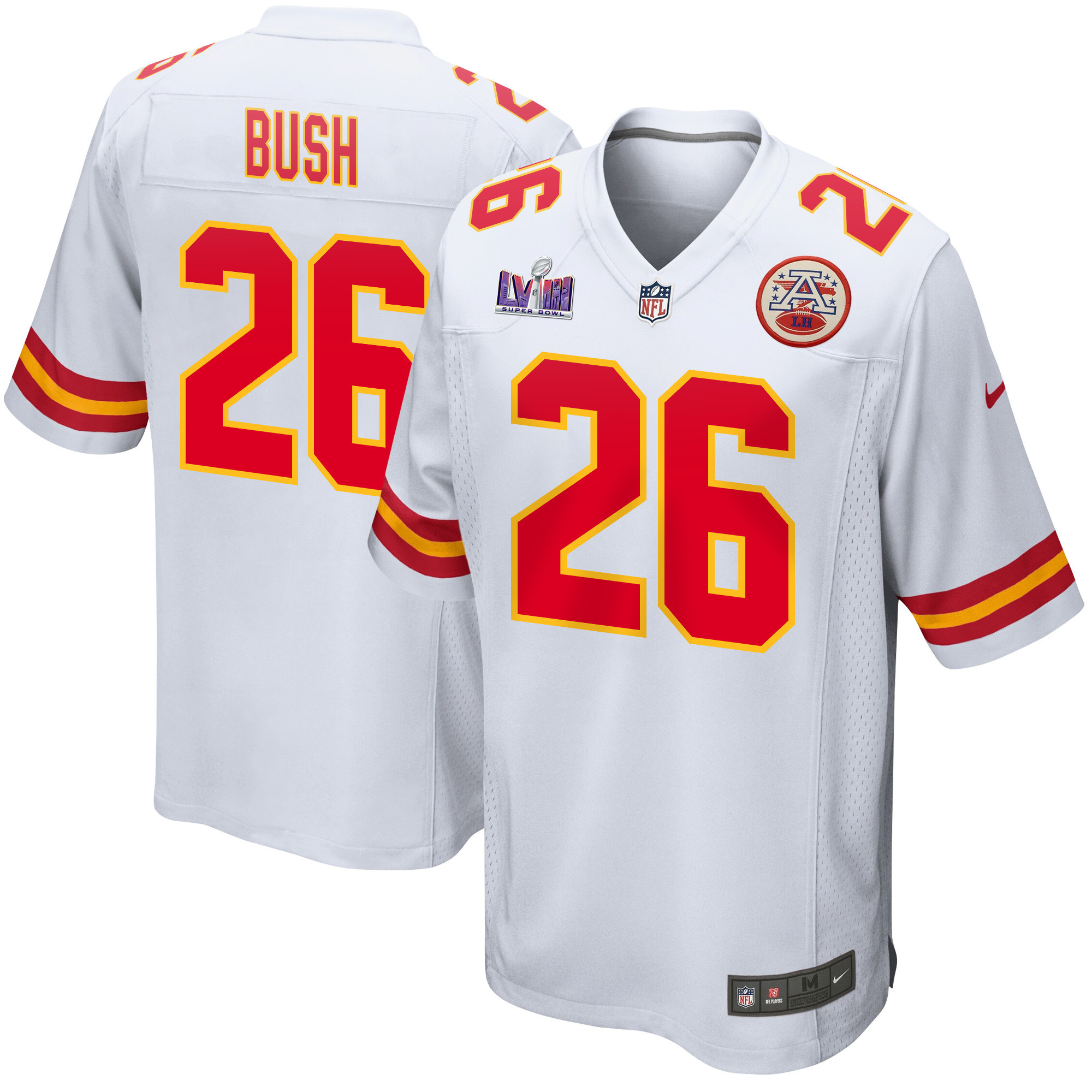 Deon Bush 26 Kansas City Chiefs Super Bowl LVIII Patch Game White NFL Jersey Men's