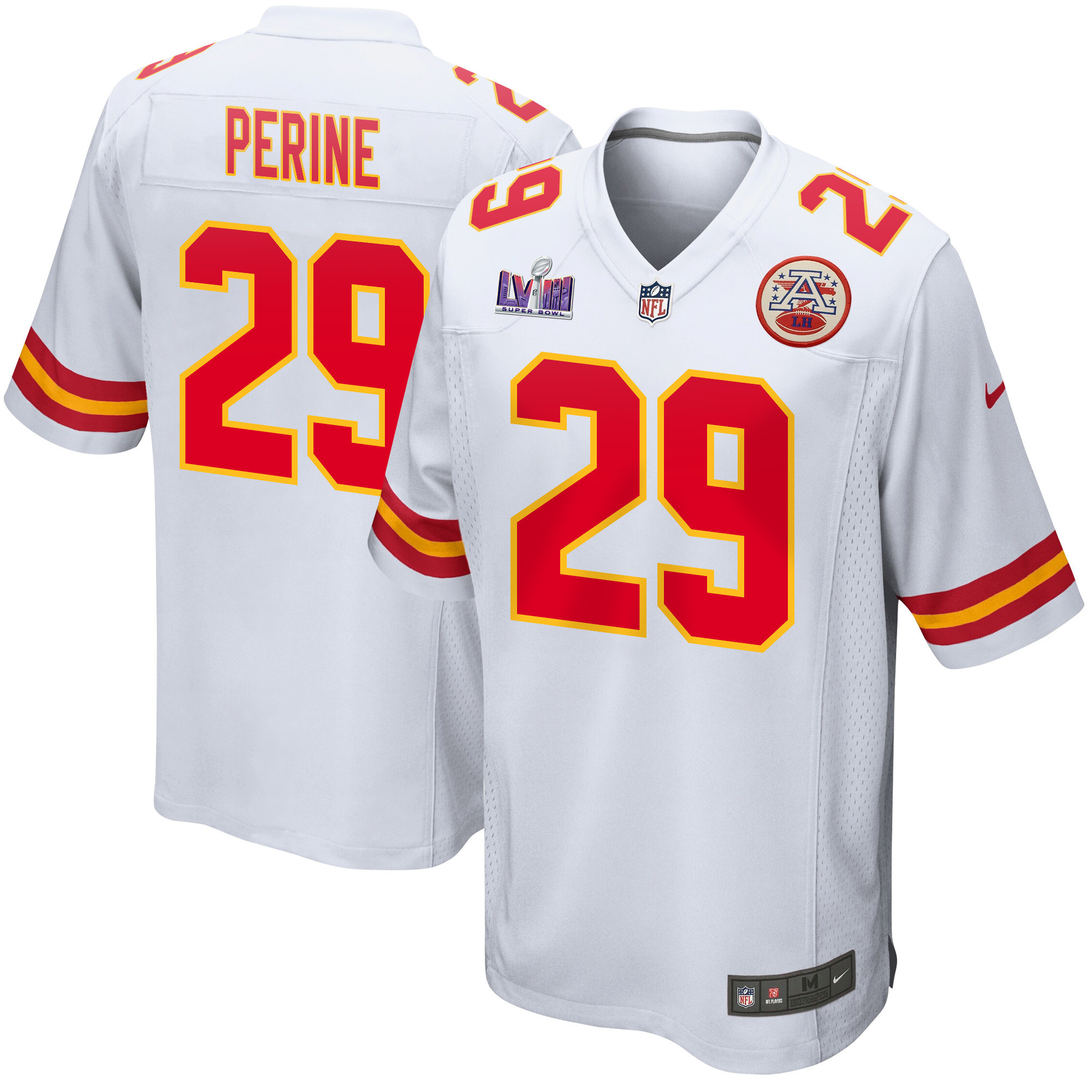 La'Mical Perine 29 Kansas City Chiefs Super Bowl LVIII Patch Game White NFL Jersey Men's