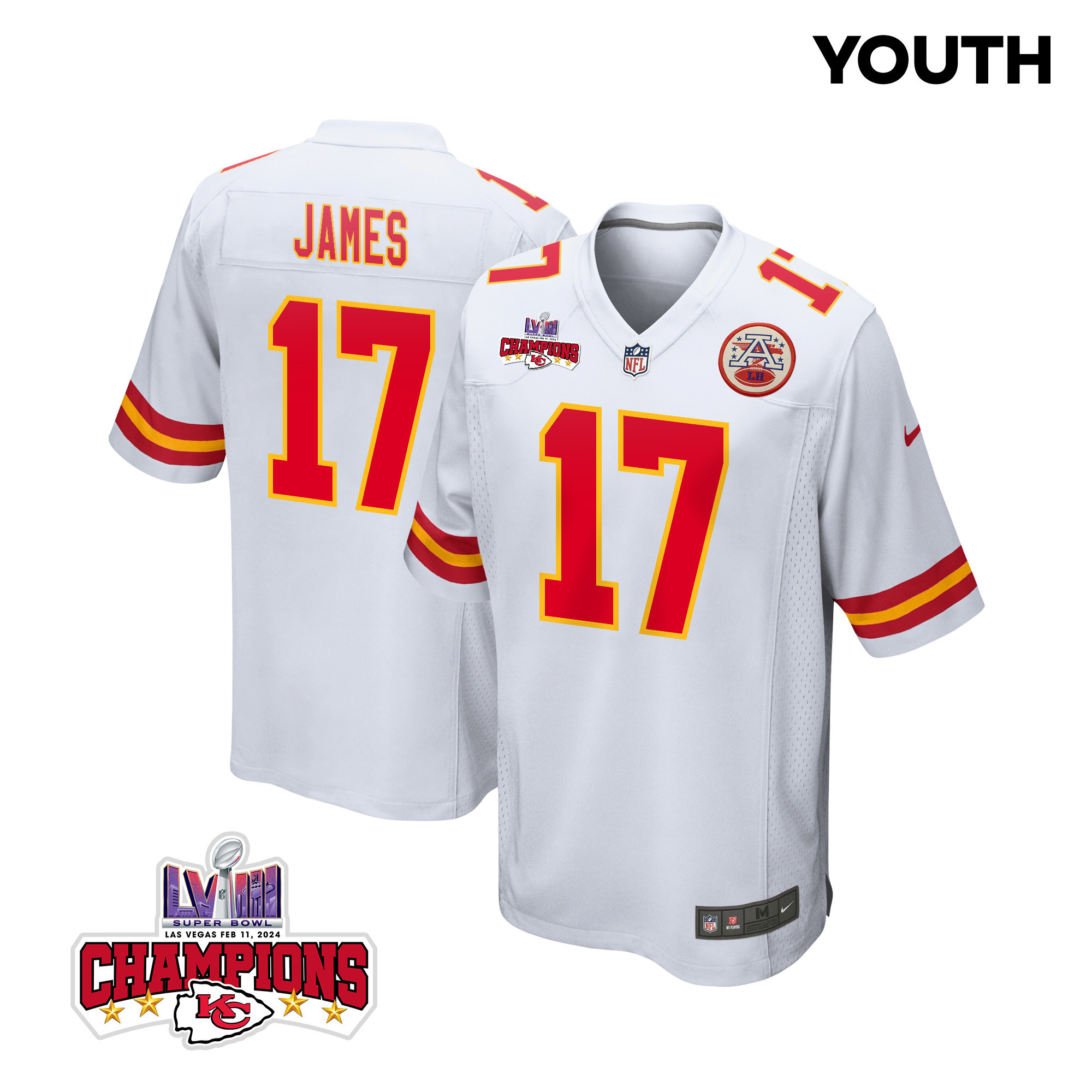 Richie James 17 Kansas City Chiefs Super Bowl LVIII Champions 4 Stars Patch Game White NFL Jersey Youth