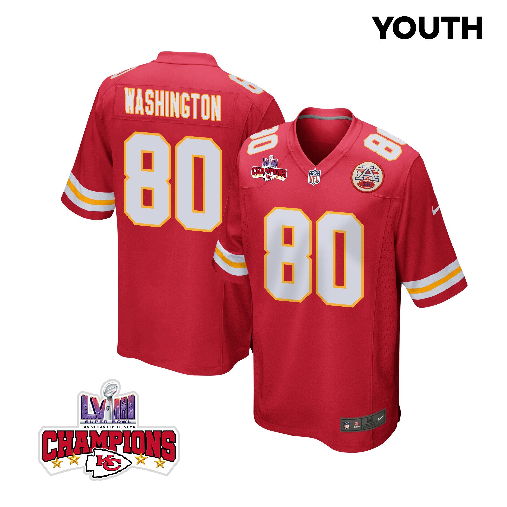 Montrell Washington 80 Kansas City Chiefs Super Bowl LVIII Champions 4 Stars Patch Game Red NFL Jersey Youth