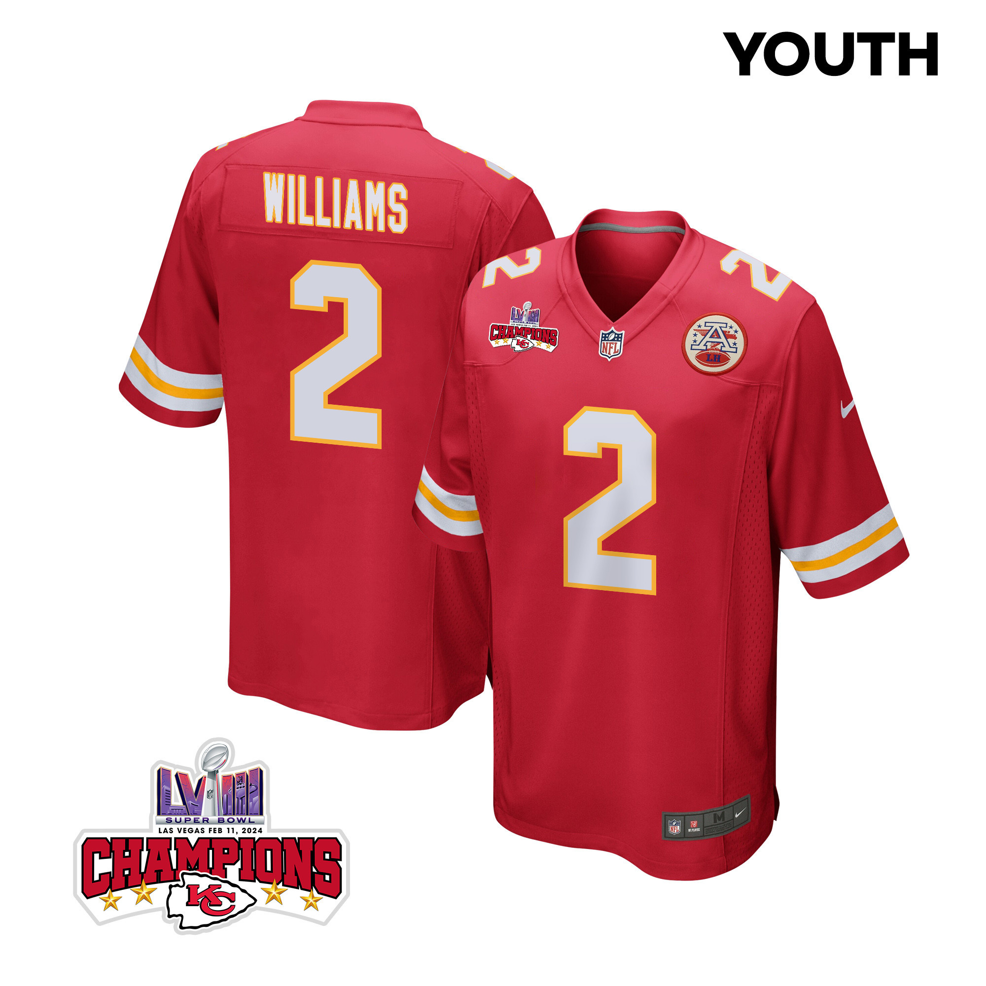 Joshua Williams 2 Kansas City Chiefs Super Bowl LVIII Champions 4 Stars Patch Game Red NFL Jersey Youth