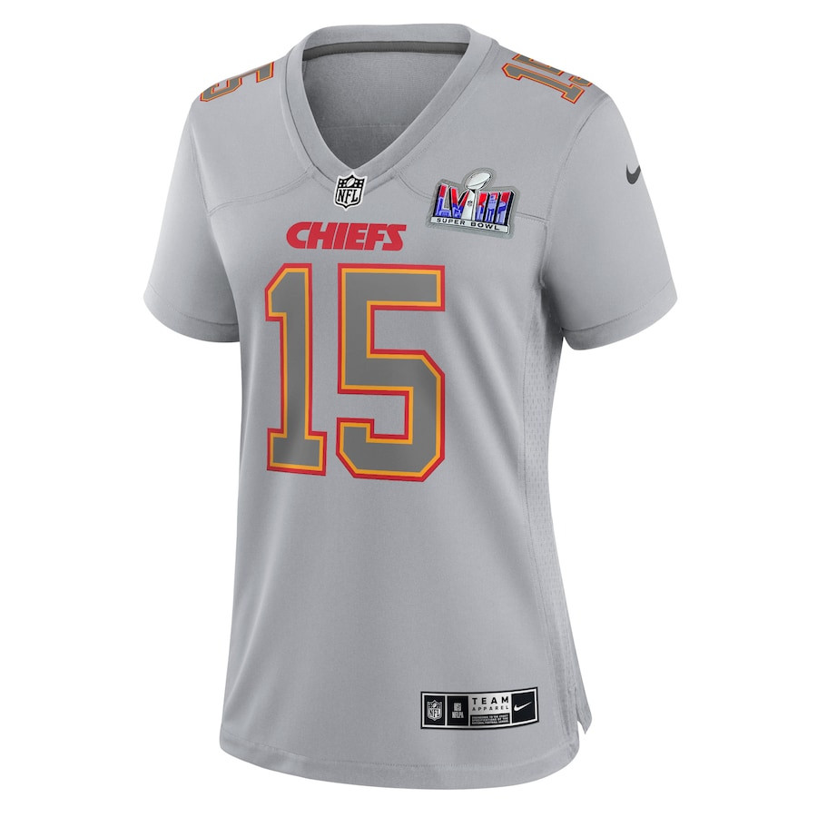 Patrick Mahomes 15 Kansas City Chiefs Super Bowl LVIII Atmosphere Fashion Game Gray NFL Jersey Women's